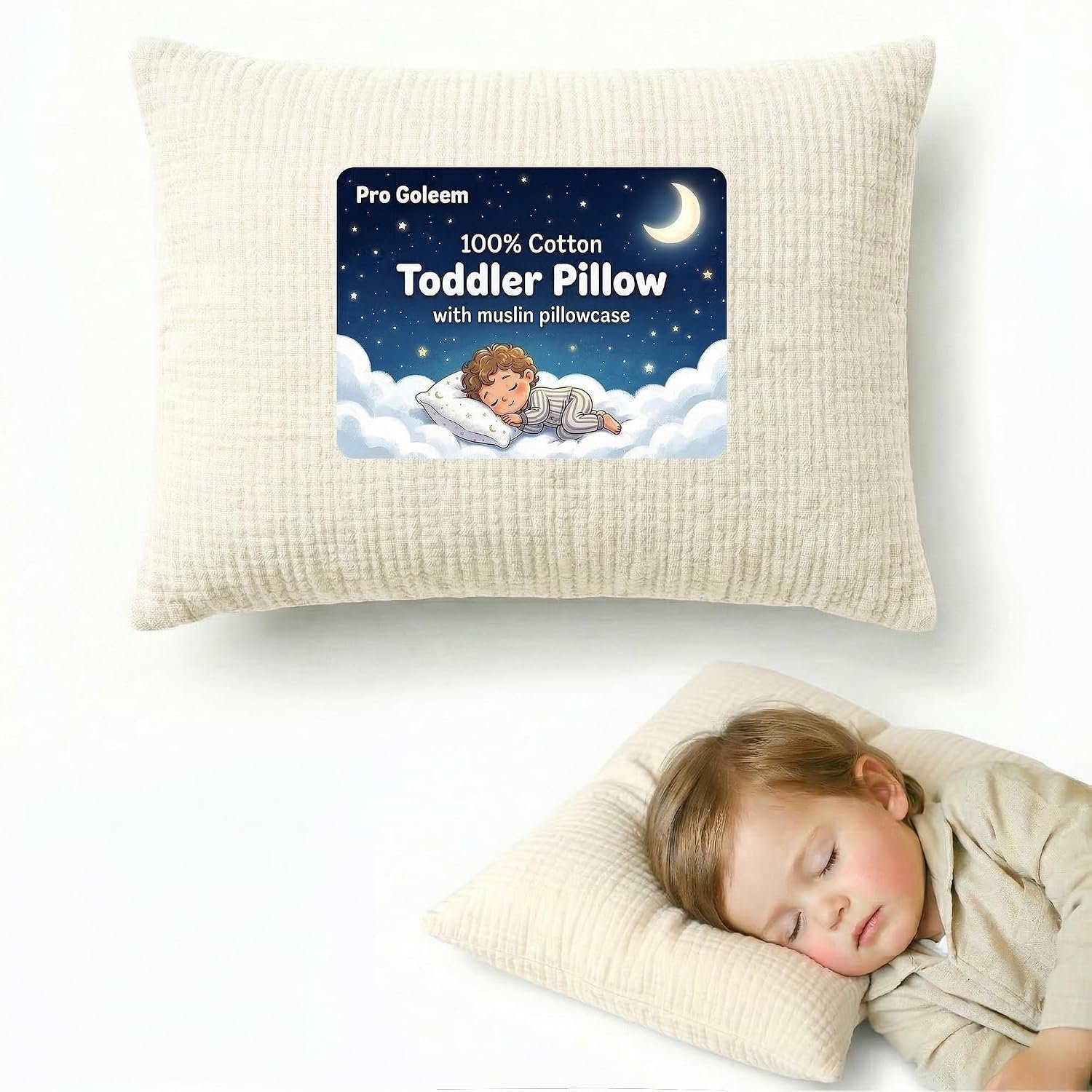 Pro Goleem Toddler Pillow with 100% Muslin Cotton Pillowcase, 13×18, Beige | Ultra Soft, Breathable & Machine Washable Kids Pillow for Sleeping, Travel, Daycare & Preschool Nap(Ages 2+)