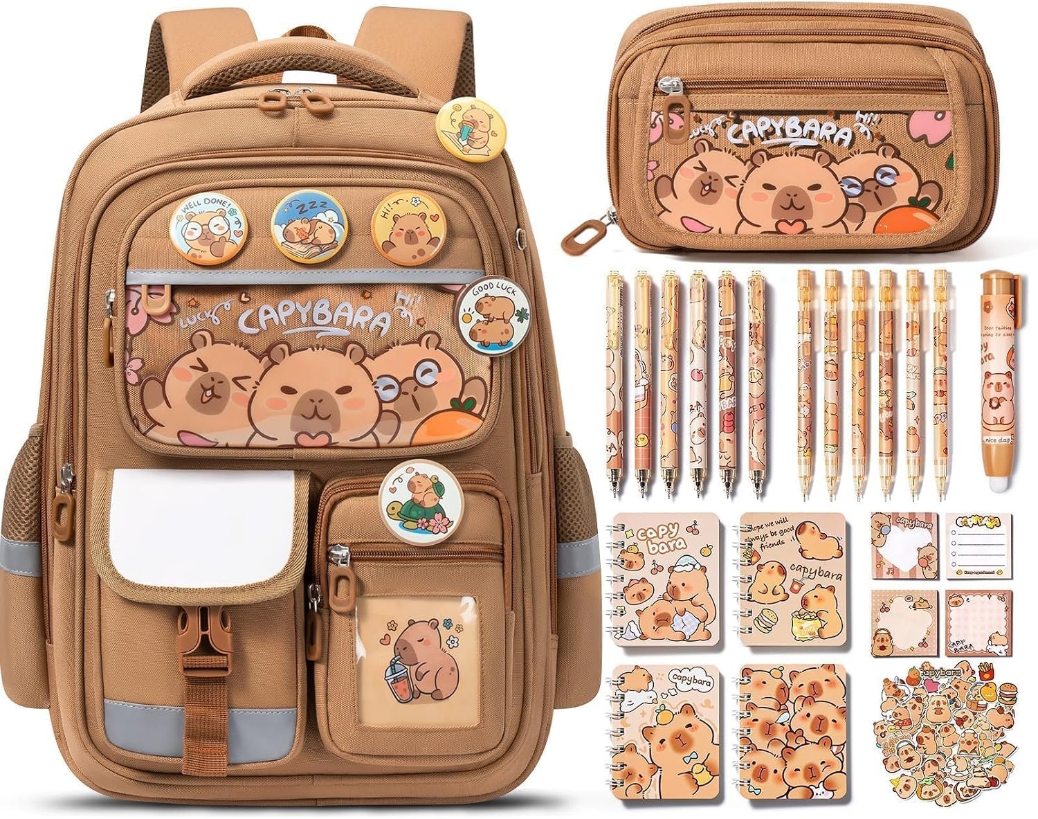 Fimibuke Capybara Backpack for School Girls, 30PCS Capybara School Supplies | Stationery Set with Bookbag Pencil Case Pins Gel Pens Pencils Notebooks for Back to School Kindergarten Elementary Student