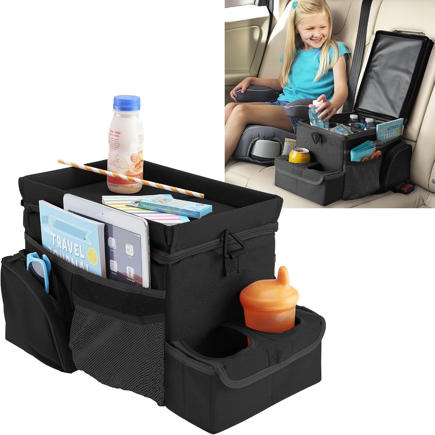 CarHop Car Organizer, Car Snack Organizer with Cup Holder, Tray and Cooler | High Road Middle Seat, Passenger Seat and Back Seat Car Organizer – Road Trip Cooler for Car with Tray and Side Pockets