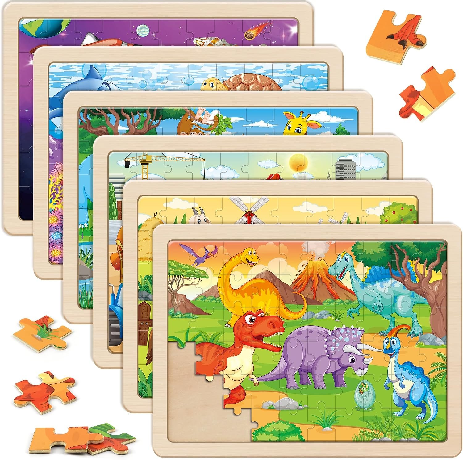SYNARRY 6-Pack Large Wooden Jigsaw Puzzles for Kids Ages 4-6, 60-Piece | Puzzles for Kids Ages 4-8, Dinosaur, Farm, Safari Animals, Sea Life, Space & Vehicle Themes, Kids Toddlers Birthday Gifts