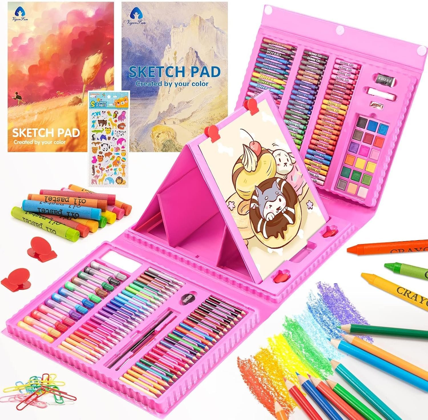 VigorFun Art Supplies, 240-Piece Drawing Art Kit, Gifts for Kids Girls Boys Teens, Art Set Crafts Case with Double Sided Trifold Easel, Includes Sketch Pads, Crayons, Colored Pencils (Pink)