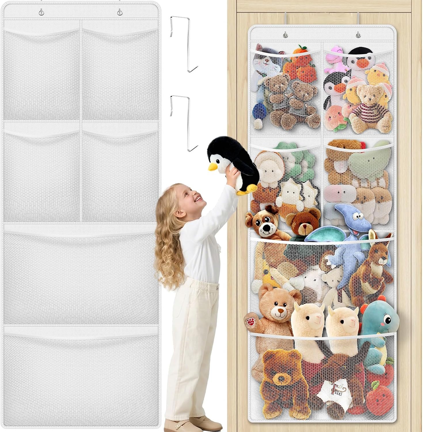 SpaceHacks Stuffed Animal Storage – Large Over the Door Organizer with 6 Expandable Mesh Pockets & Metal Hooks, Non-Woven Fabric Hanging Plush Items Holder for Nursery, Bedroom, Playroom (White)