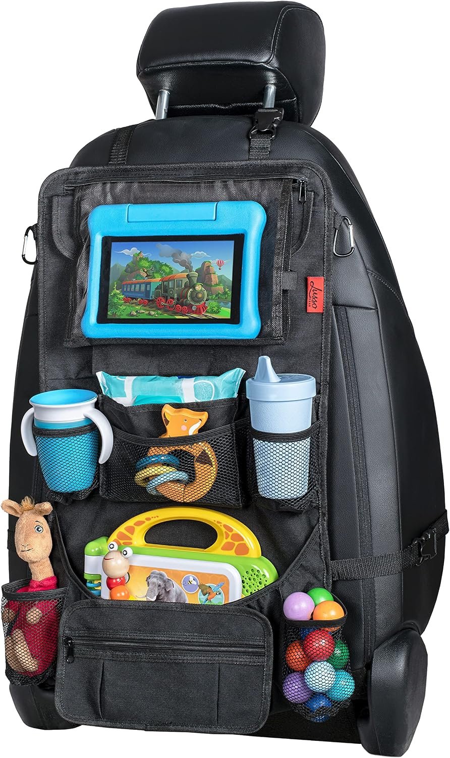 Lusso Gear Backseat Car Organizer- Kick Mat Protects Against Kids Feet – 12 Large Storage Pockets – iPad,Tablet, Water Bottle Holder- Durable, Heavy Duty Road Trip Essential (Black)