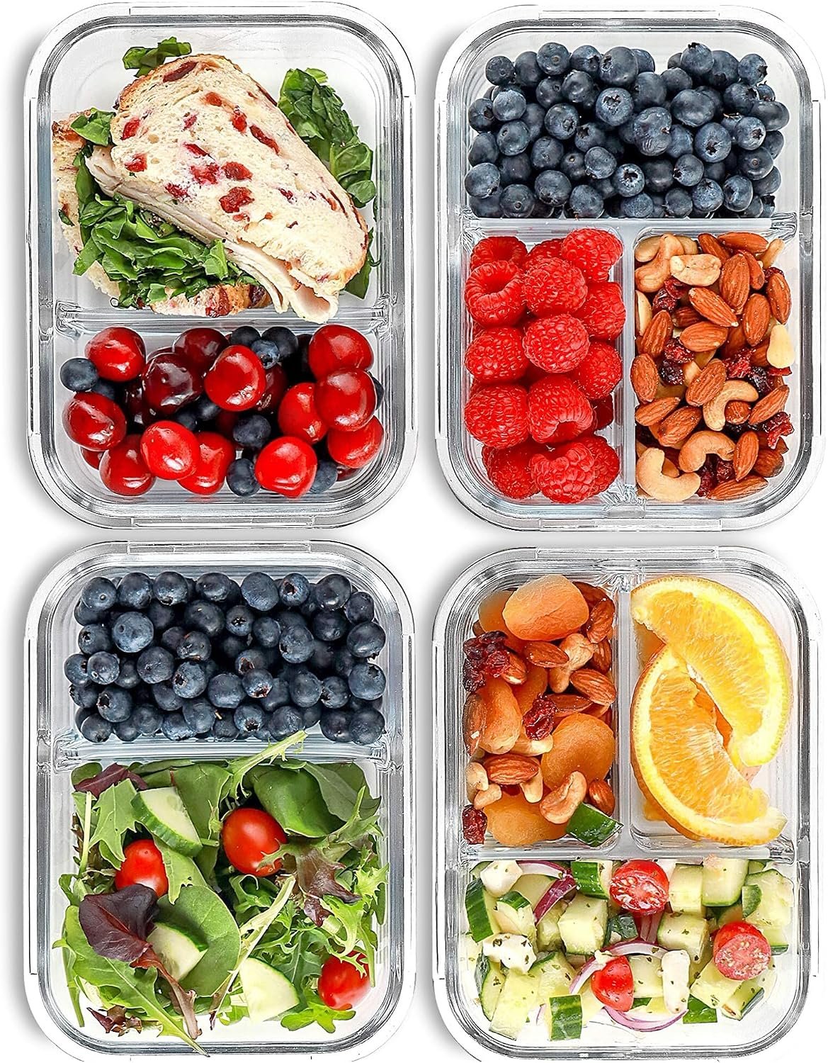 FIT Strong & Healthy Glass Meal Prep Containers, 2 & 3 Compartments – Portion Control, Lunch Container Set, Food Storage, Airtight Lids, Oven & Freezer Safe, Leak-Proof Bento Box, 32 oz, Blue, 4 Pack