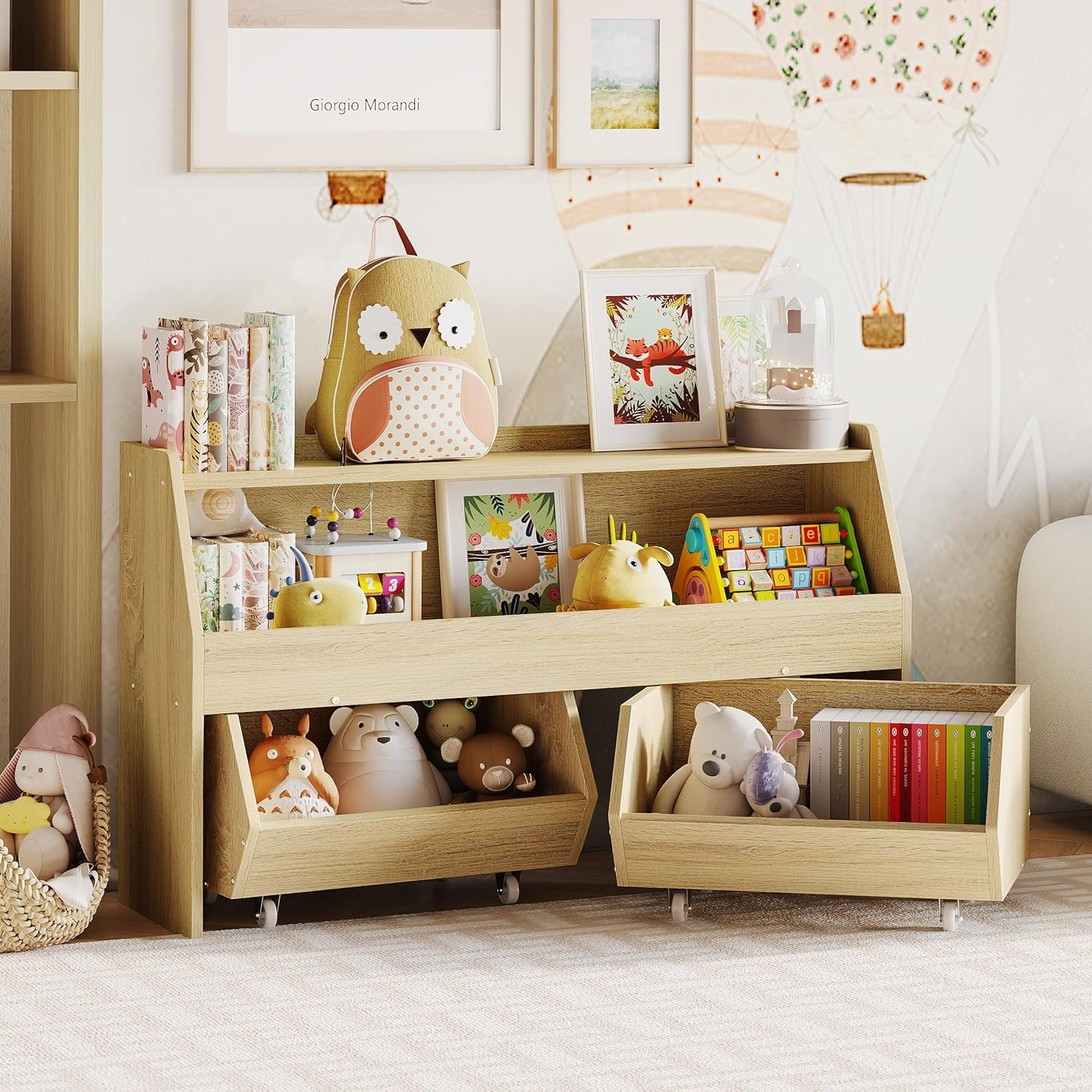 Fulhope Toy Storage Organizer for Kids, Toy Storage Cabinet with Drawers, Boys and Girls Toy Shelf with Wheels, Toy Organizer Kids Bookshelf with Storage for Nursery, Playroom, Bedroom (Burlywood)