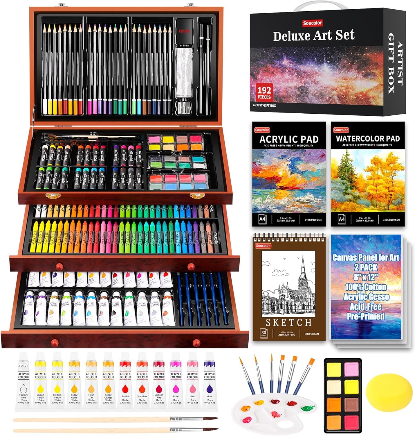 Soucolor Art Supplies,192 Pack Deluxe Art Set Drawing Painting Supplies Kit | Acrylic Pad, Watercolor Pad, Sketch Book, Canvases, Acrylic Paint, Crayons, Pencils, Gifts for Artist Adults Teen Kids
