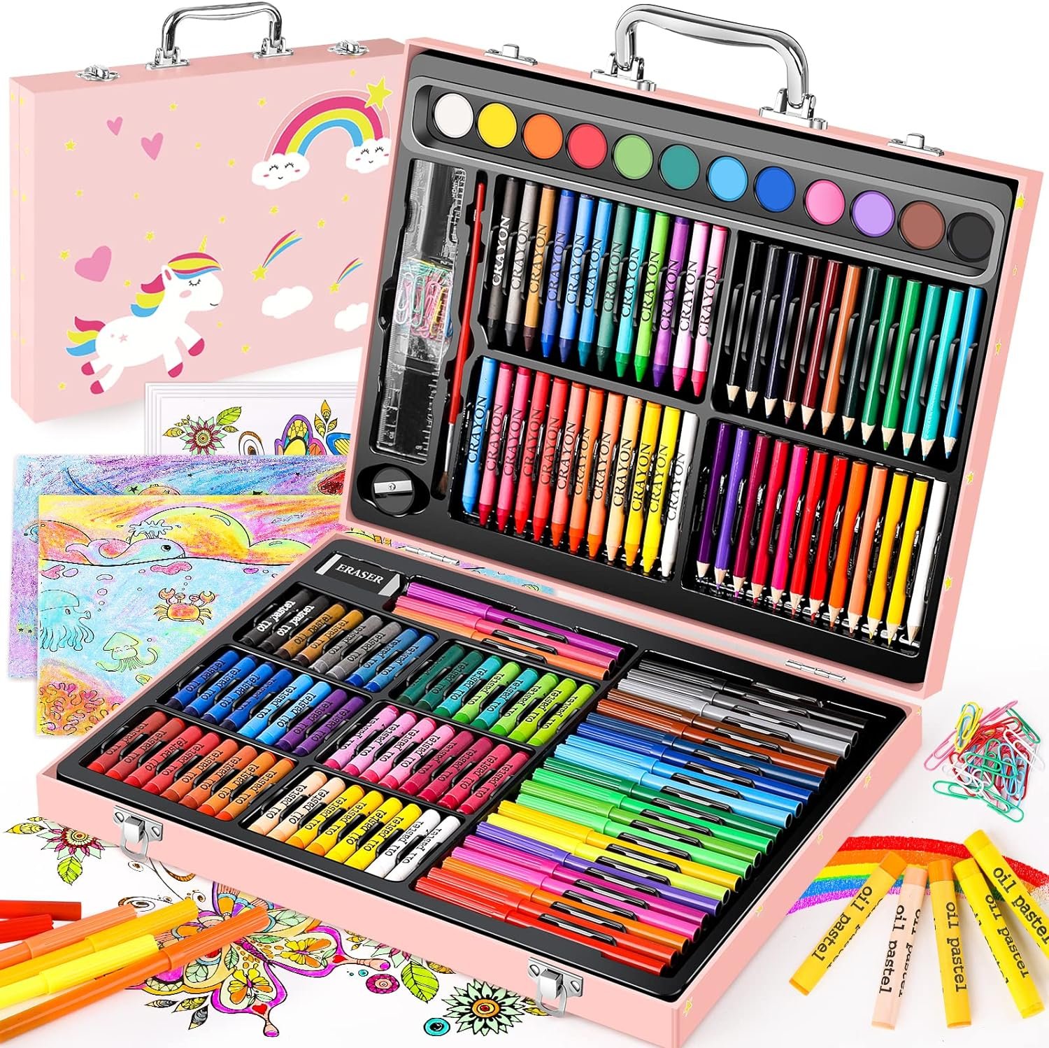 Soucolor 183 Art Set Drawing Painting Kit,Crayons Pastels Markers,Kids Gift | Crayons, Pastels, Markers, Pencils, Watercolors, Sketch Paper — Wooden Case, Non-Toxic, Birthday Gift.