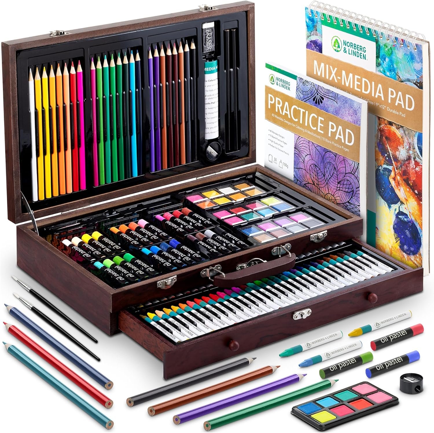 Norberg & Linden 144-Piece Art Set in Wooden Box with Drawer – Art Set for Adults, Teens, Kids – Premium Art Supplies – Includes Watercolors, Oil Pastels, Crayons, & More