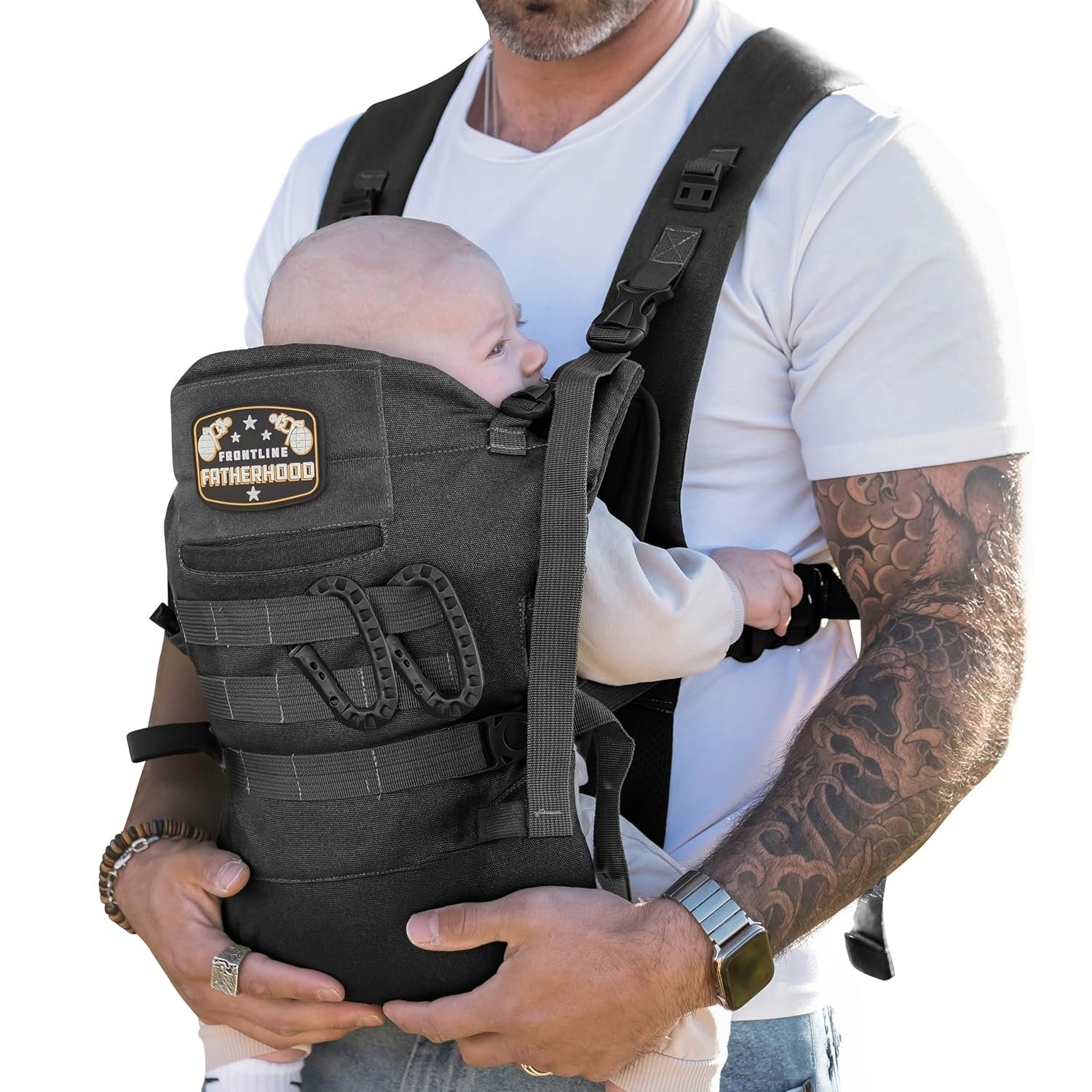 Dad Baby Carrier for Dad, Men Baby Carrier for Men, Sunshade & Waist Strap | Adjustable Hip Snaps, Holds Up To 44 Pounds, Machine Washable Lining, Two Included Carabiners, Removable Waist Strap, 2 Bibs