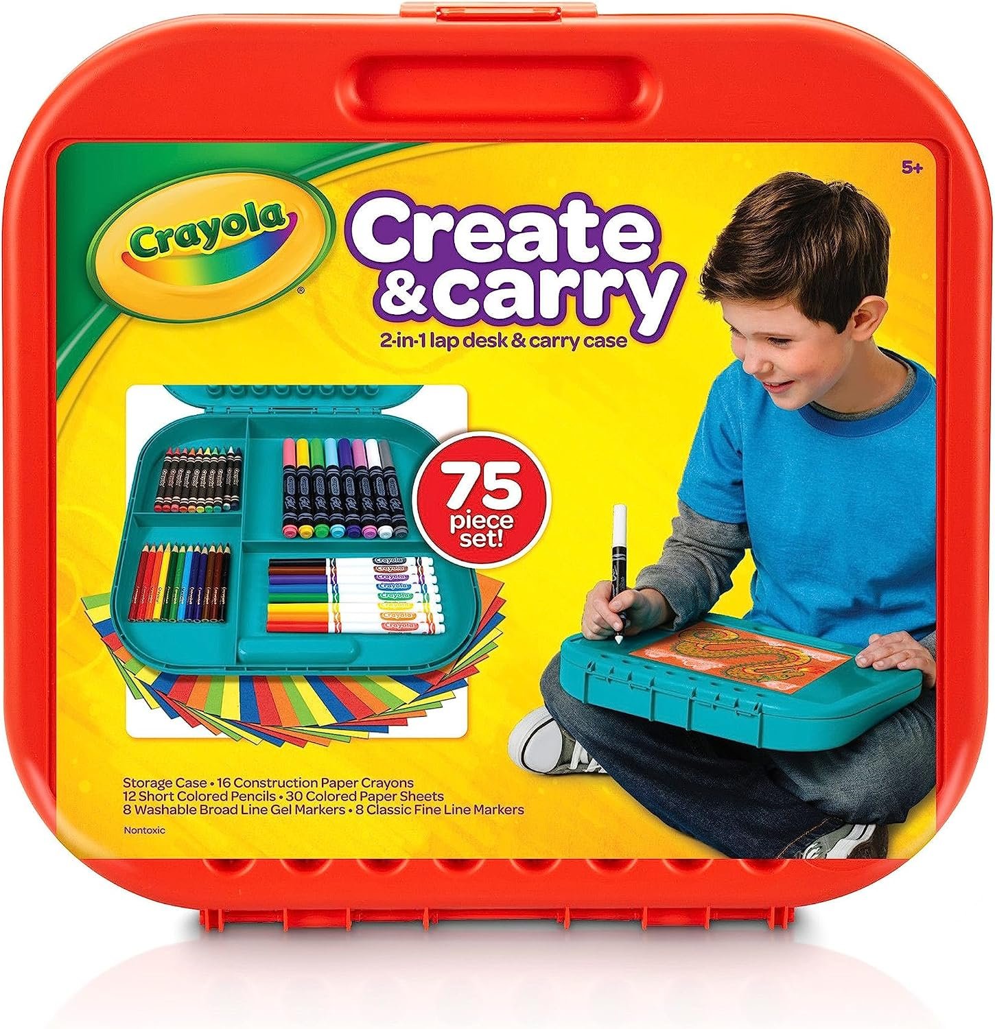 Crayola Create ‘N Carry Travel Art Set for Kids (75pcs), 2-in-1 Lap Desk & Carrying Case, Essential Art Supplies Kit, Spring Crafting, Gift for Kids