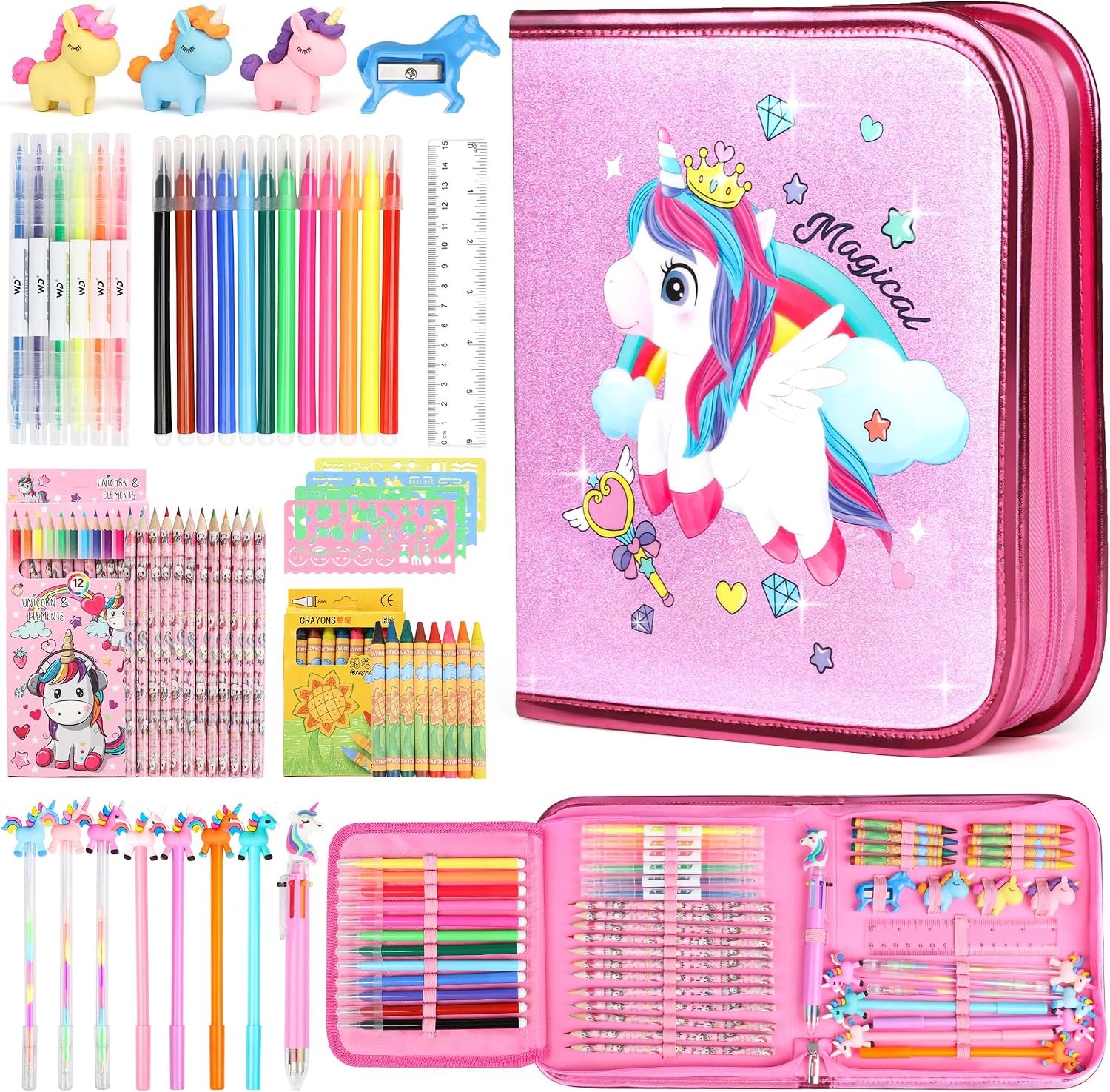 beefunni Unicorn Fruit Scented Markers Set 56 Pcs, Art Supplies for Kids 4-6-8, Arts and Crafts Coloring Set, Markers Pencil Crayon&Gel Pen Drawing Kits – Birthday Gifts for Girls 4 5 6 7 8 Year Old