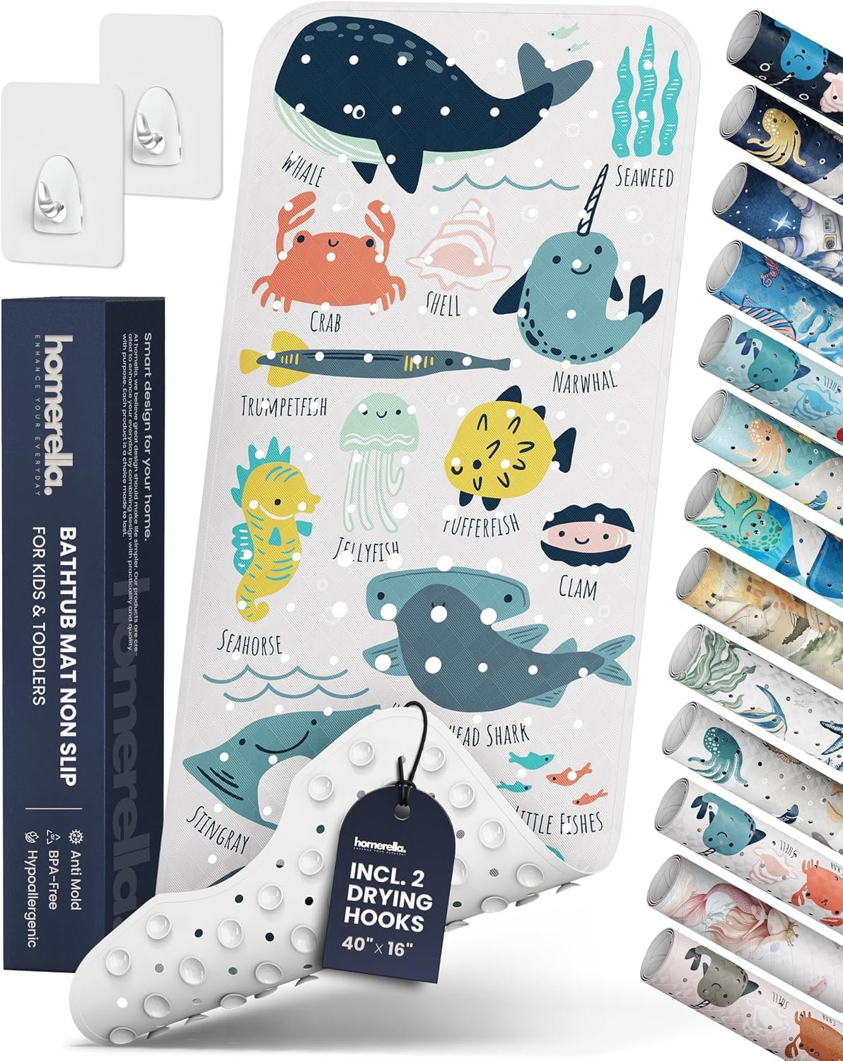 Bath Tub Mat Non Slip Anti Mold for Kids BPA Free INCL Hooks – homerella® Ocean Sea Animals 40×16, Baby Bath Mat Non Slip 200 Suction Cups, Non Toxic Machine Washable Toddler Bath Mat, EU Certified