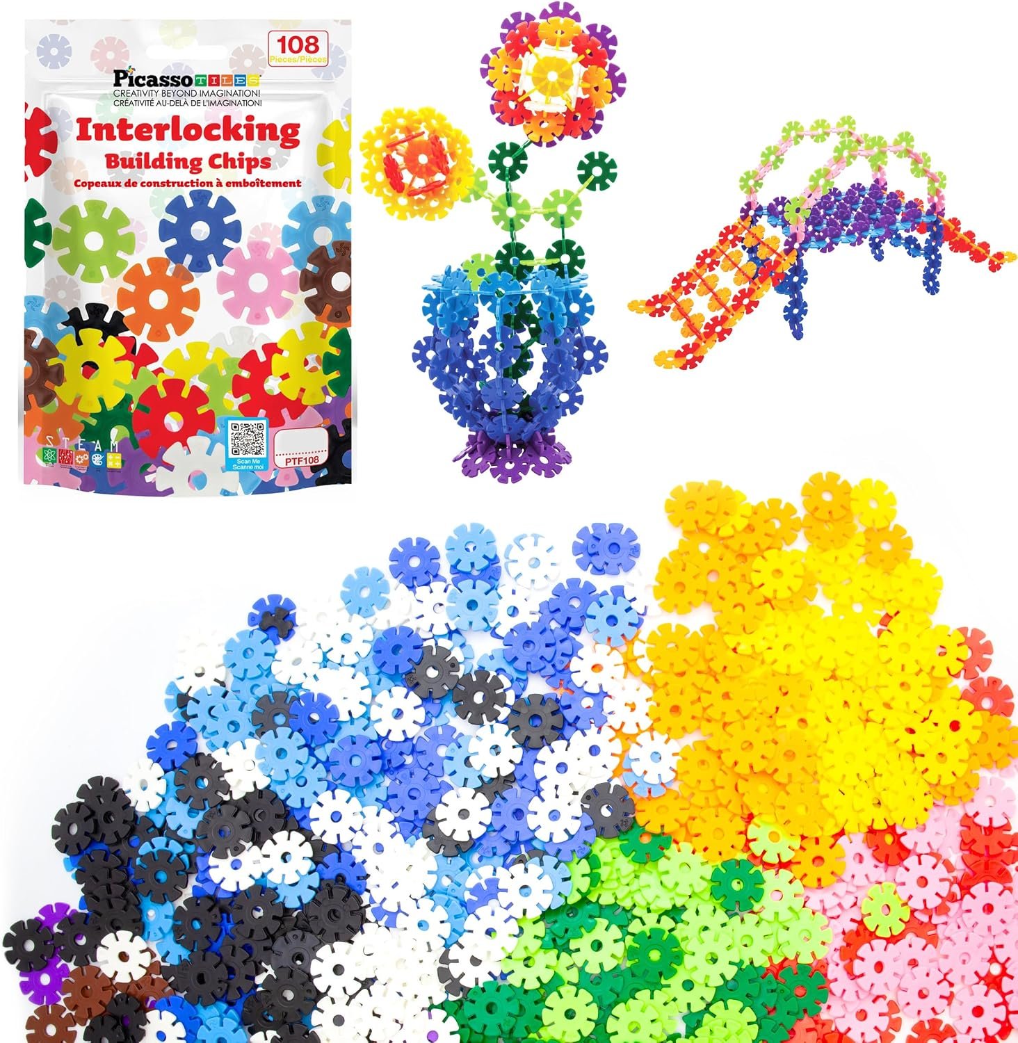 PicassoTiles Building Chips Interlocking Disc Construction Blocks in 12 Colors STEM Learning Early Education Toy Engineering Playset Child Brain Development for Toddlers Girls Boys Kids Age 3+ PTF108 | 12 vivid colors, BPA-free non-toxic material, 8 connector points per chip, boosts fine motor skills, compact and travel ready