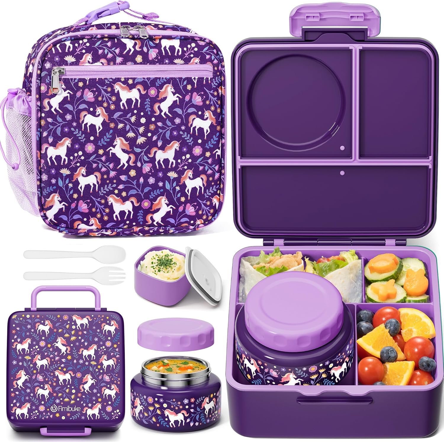 Fimibuke Kids Bento Lunch Box with Thermo, Leakproof Toddler Bento Box | Keep Food Cold Leak Proof BPA Free 4 Compartment Lunch Container with Utensils for Girl Boy School, Microwave Dishwasher Safe