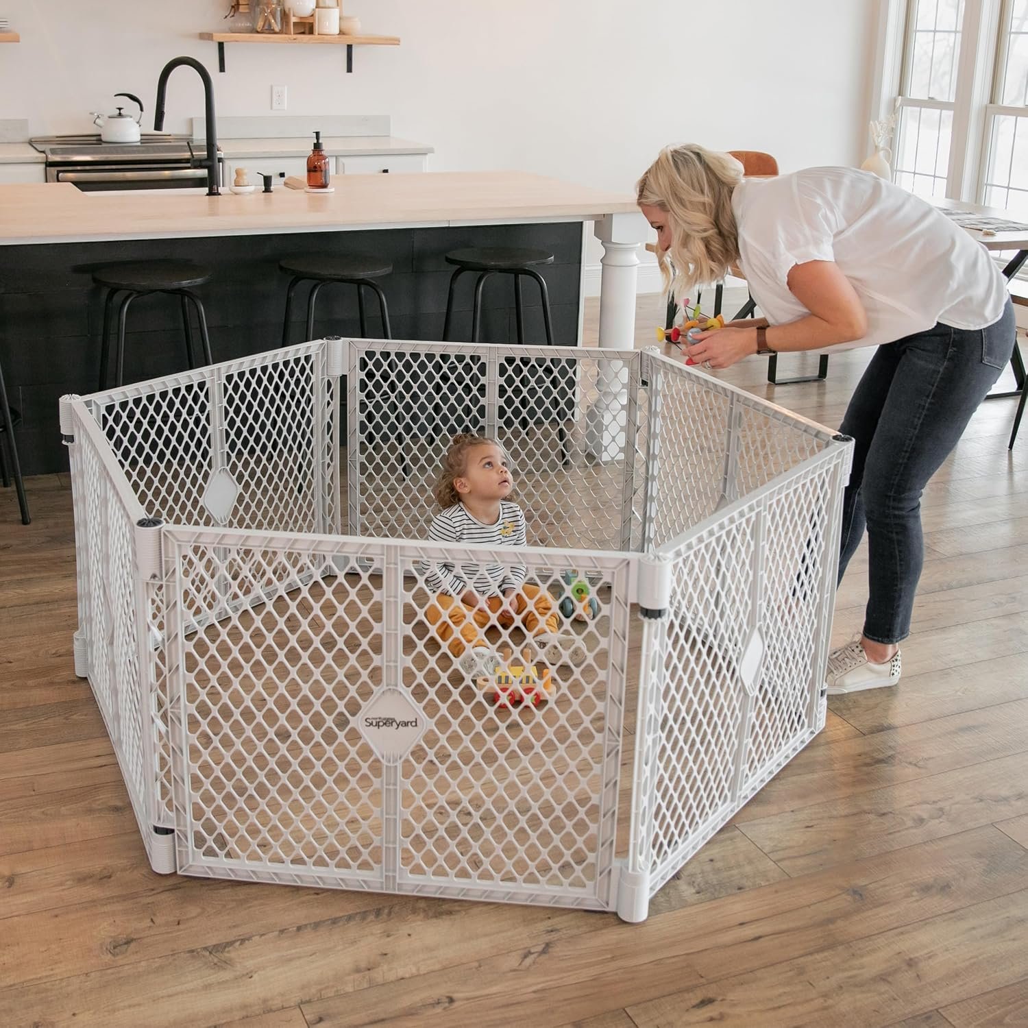 Toddleroo Superyard: 6-Panel, 18.5 SqFt Baby Playard; Lt Gray | Portable, Durable, For Babies and Toddlers, Freestanding, Expandable Modular Sizing, Indoor or Outdoor Use, Made in USA