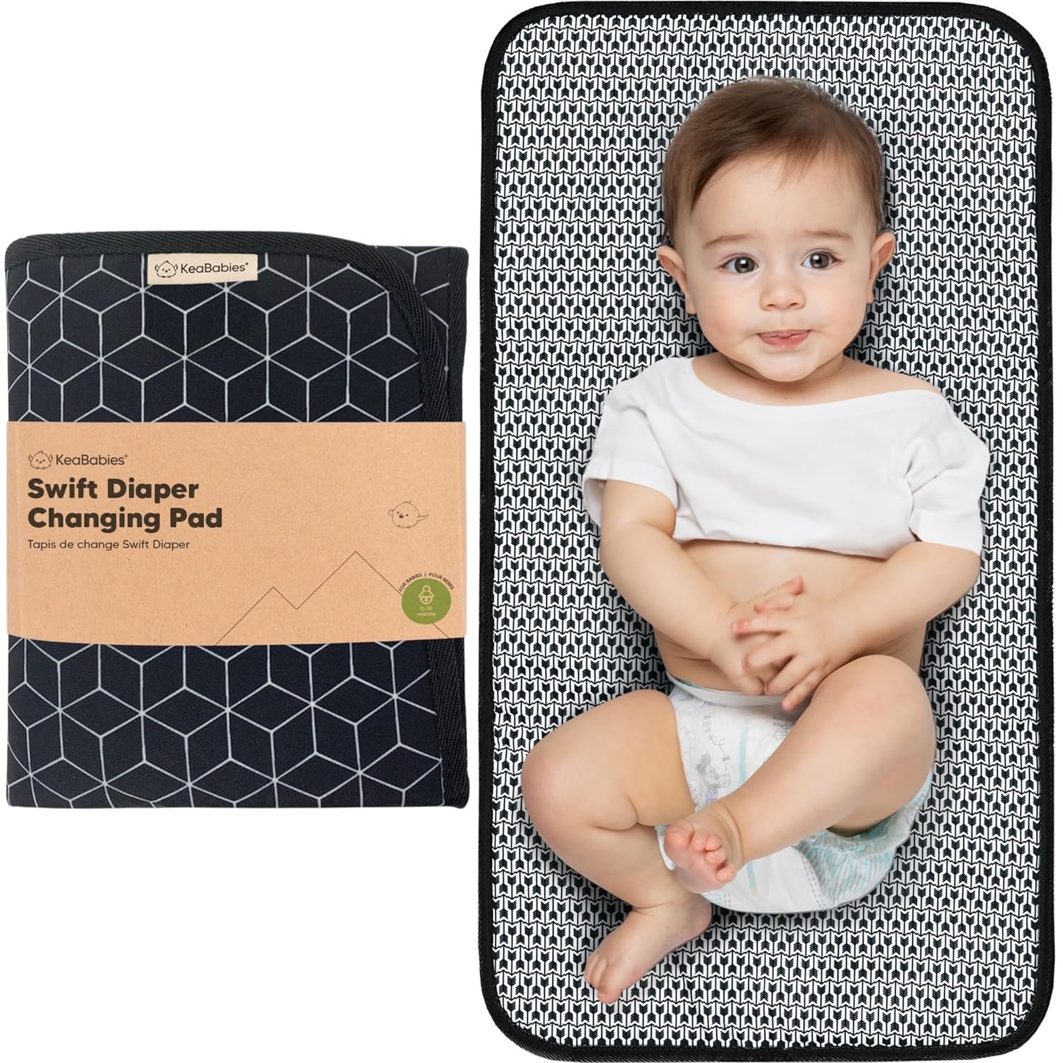 KeaBabies Portable Diaper Changing Pad, Easy Wipe Clean, 25×13 (Black Geo) | Foldable Waterproof Baby Changing Mat for Diaper Bag, Compact, Lightweight, Newborn, Infant, Baby Changer Travel Essential