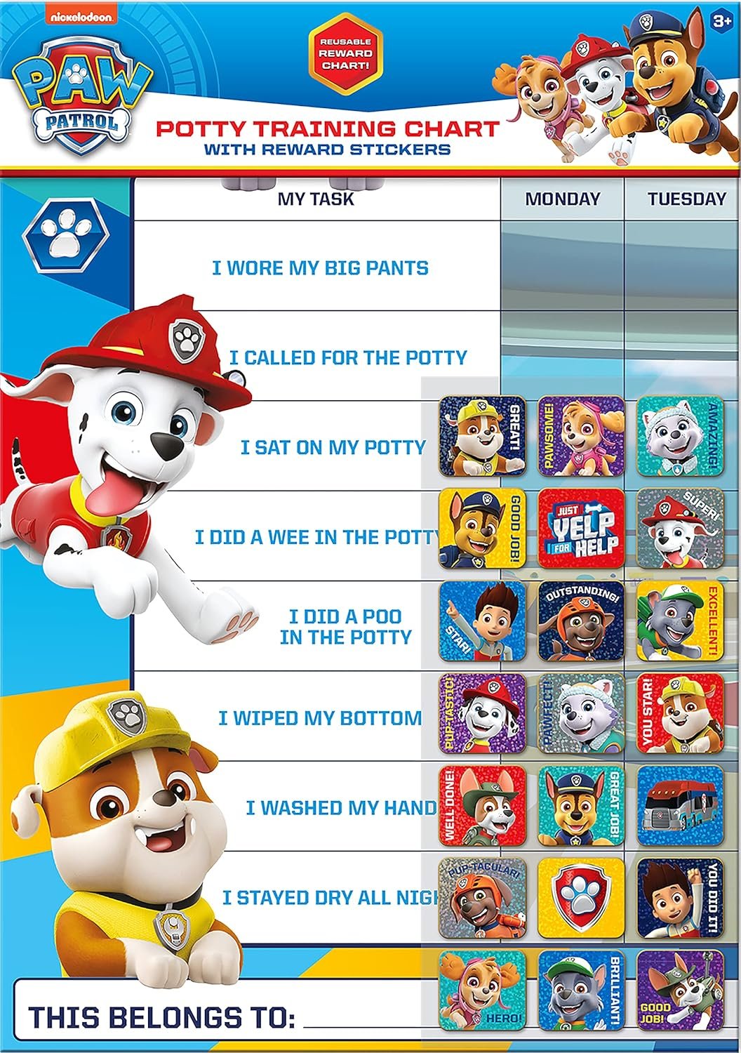 Paper Projects 01.70.30.025 Paw Patrol Potty and Toilet Training Reward Chart and Stickers, for ages 3+, 29.7cm x 42cm