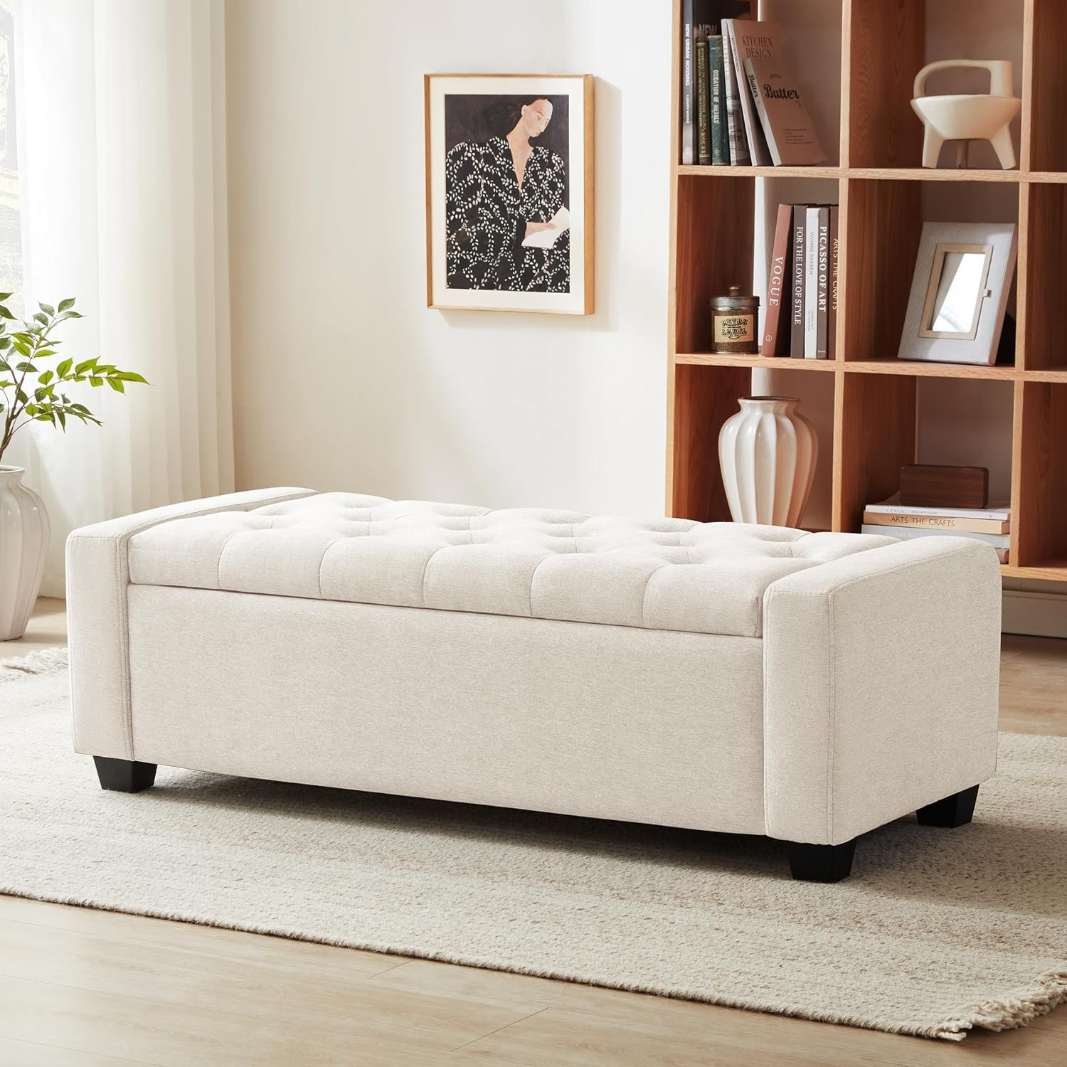 Huatean Home 48″ Ottoman with Storage, Beige Storage Ottoman Bench | Upholstered Entryway Bench with Seating for Bedroom, Living Room, with Safety Hinge, Holds up to 330 lb