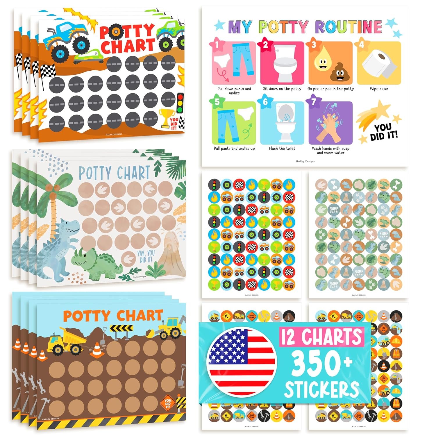 Hadley Designs Potty Training Chart for Toddler Boys – Bundle Sticker Chart for Kids Potty Training Rewards, Sticker Potty Chart for Toddlers Boys, Toilet Stickers Reward Chart for Kids 3 Fun Designs