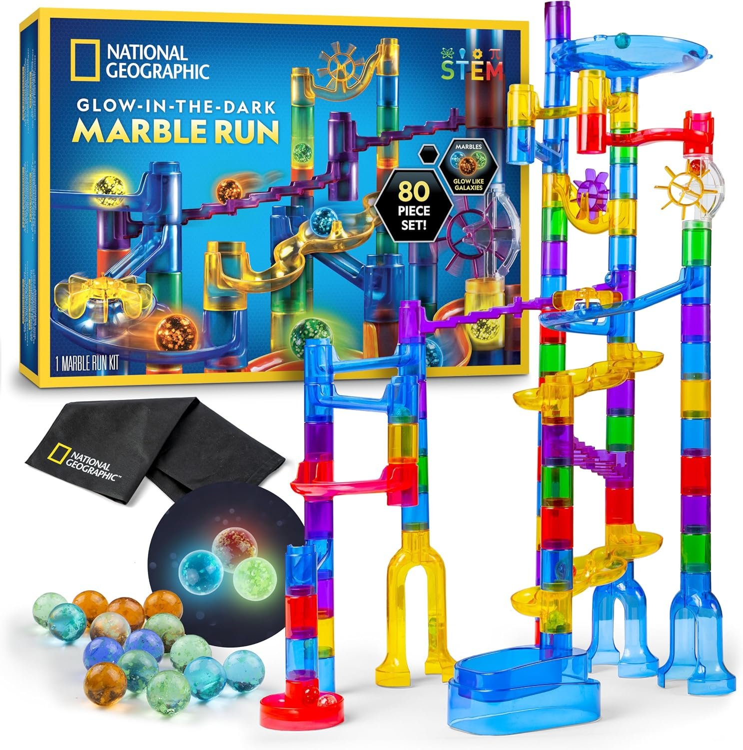 National Geographic Glow-in-the-Dark Marble Run for Kids Ages 8-12 | 15 Glow-in-the-Dark Glass Marbles, Storage Bag, Construction Toy, STEM Building Project, Birthday Gift