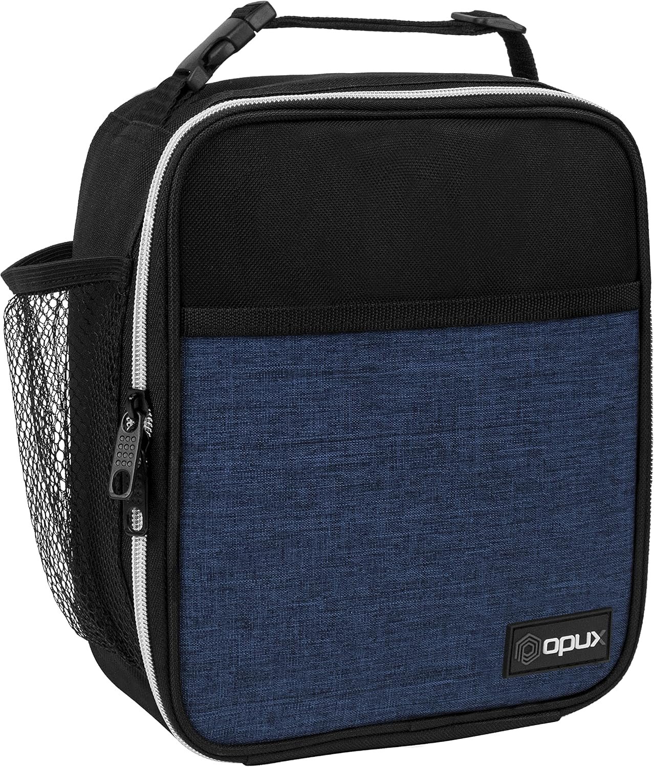 opux Insulated Lunch Bag for Kids Boys Girls, Small Compact Lunch Box with Wide Opening & Mesh Pockets, Reusable Lunch Pail for School, Work, Adults, Men, Women, Heather Navy Blue