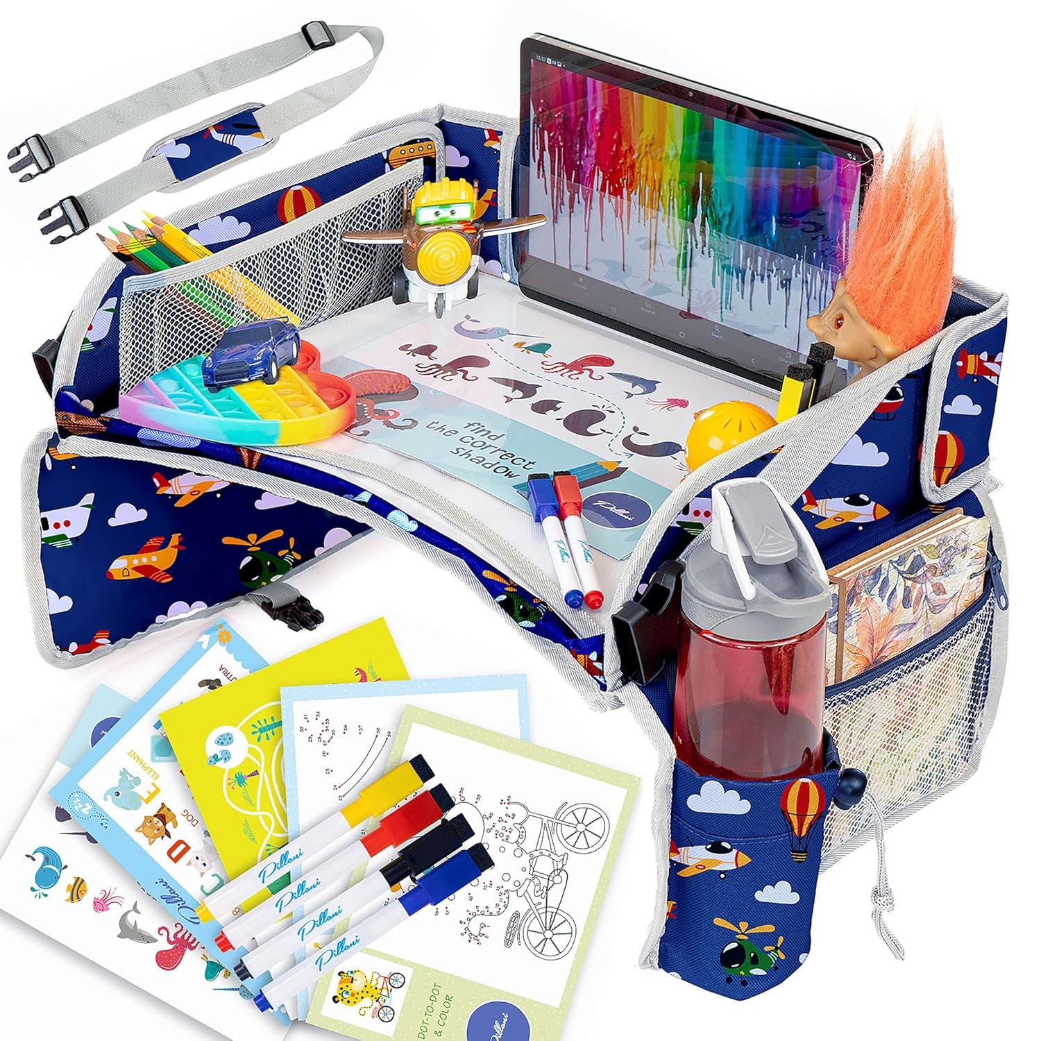 Kids Travel Tray for Car – Toddler Airplane Travel Essentials w/ Activity Sheets, Pens & Dry Erase Board – Kids Travel – Must Have Toddler Lap Desk Organizer for Airplane – Travel Accessories