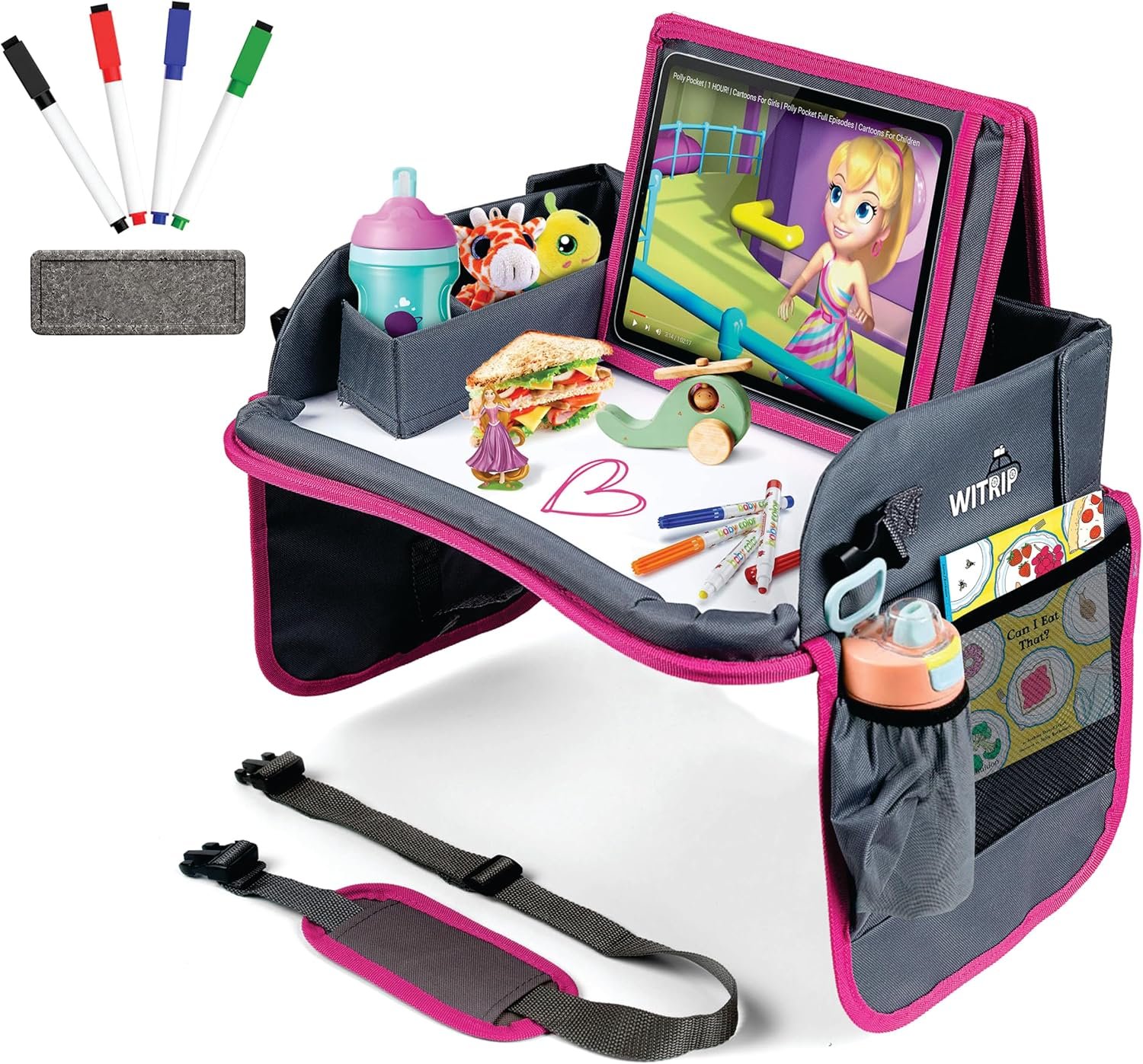 Kids Travel Tray with Dry Erase Board – Car Seat Tray for Kids Travel, Carseat Table Top for Toddler, Lap Desk for Car Seat, Activity Organizer & Snack Holder, Road Trip Essentials for Kid (Pink)