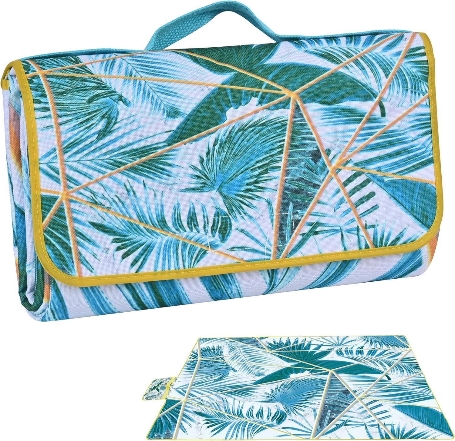 DanCoom Picnic Outdoor Blankets Waterproof Large Beach Mat Sand Free ,Portable Camping Blanket, Park Blanket for Grass Lawn Hiking Travel Concerts Gifts Ideas-6’7″ x 4’11” (Rectangular)Tropical Style