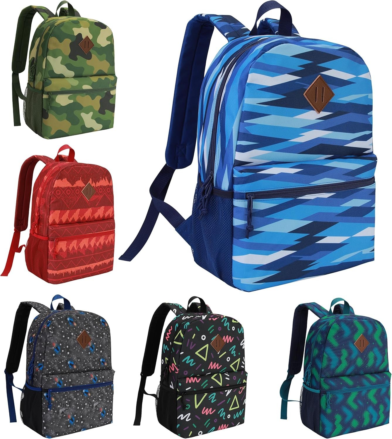 24-Pack 17″ Bulk Backpacks for Middle School Students, Bookbags in 6 Assorted Prints, Durable School Backpacks for School Drives, Donations, and Giveaways
