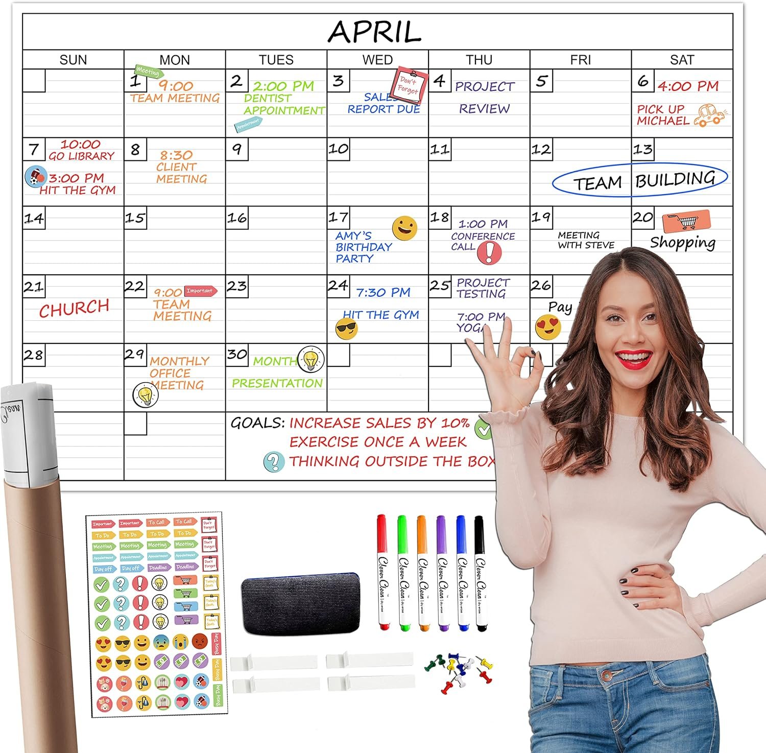 Large Dry Erase Wall Calendar – 24″x 36″ Undated Monthly Calendar for Home, Office, Classroom – Reusable Laminated Task Organizer