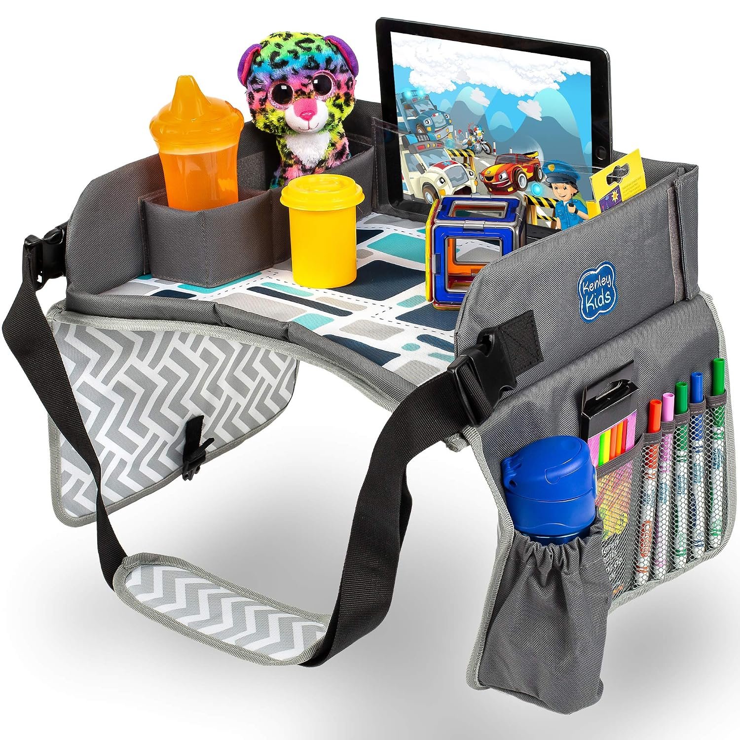 Travel Tray, Toddler Car Seat Lap Tray, Road Trip Essentials Activity Table (Blue/Gray)