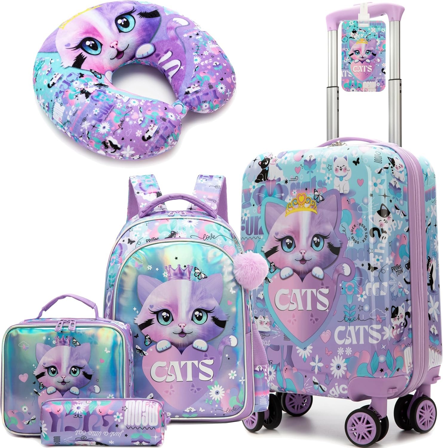 Kids Suitcase Set for Girls Hardside Luggage with Spinner Wheels 5 Piece 16inch Toddler Suitcase for Girls Travel Carry on Luggage Airline Approved