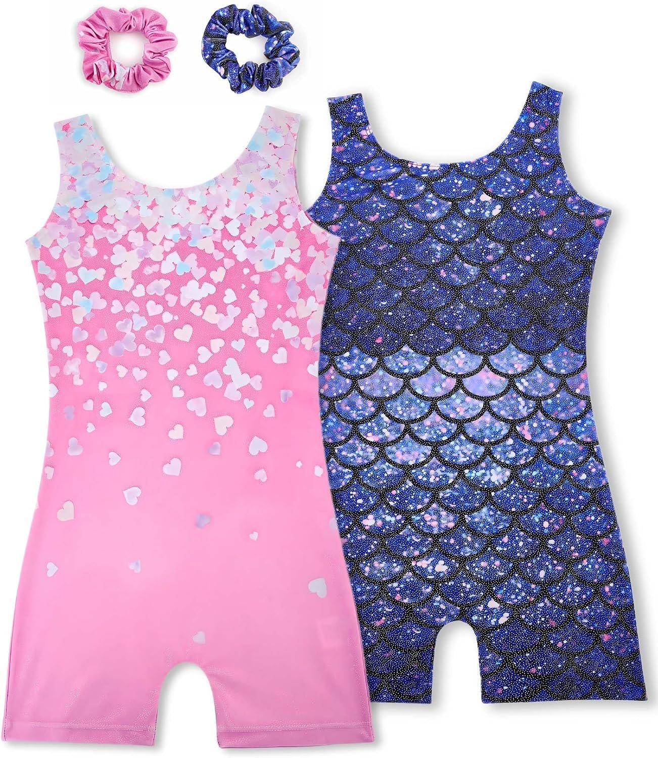 Gymnastics Leotards for Girls 2 Pack Sparkly Biketards Outfit Set | 2 Hair Scrunchies, 2 Pack Sparkly Biketards, Leotard for Kids Gymnastics, Tumbling, Practice