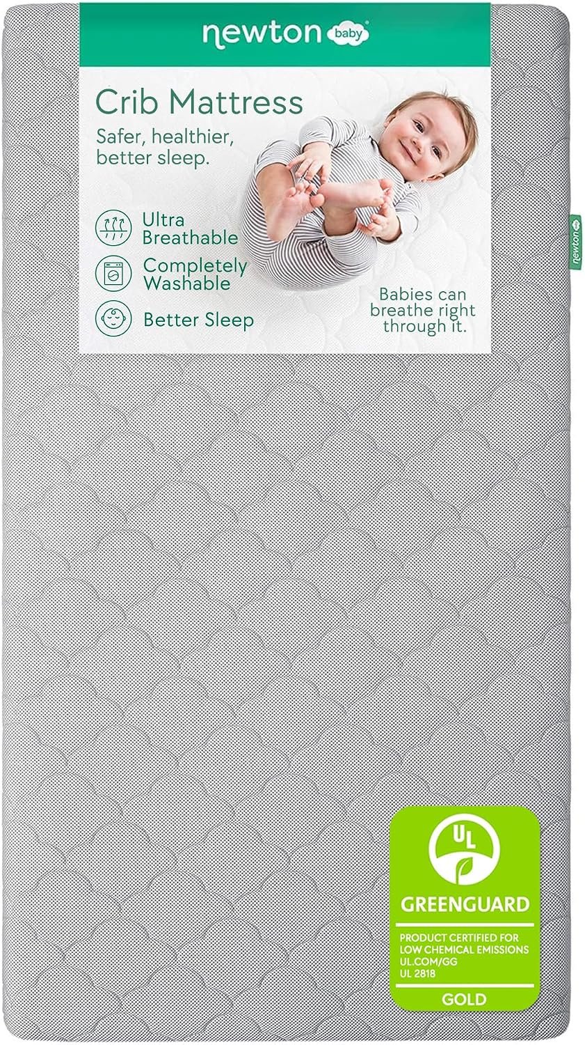 Newton Baby Waterproof Crib Mattress, Breathable & Washable – Grey