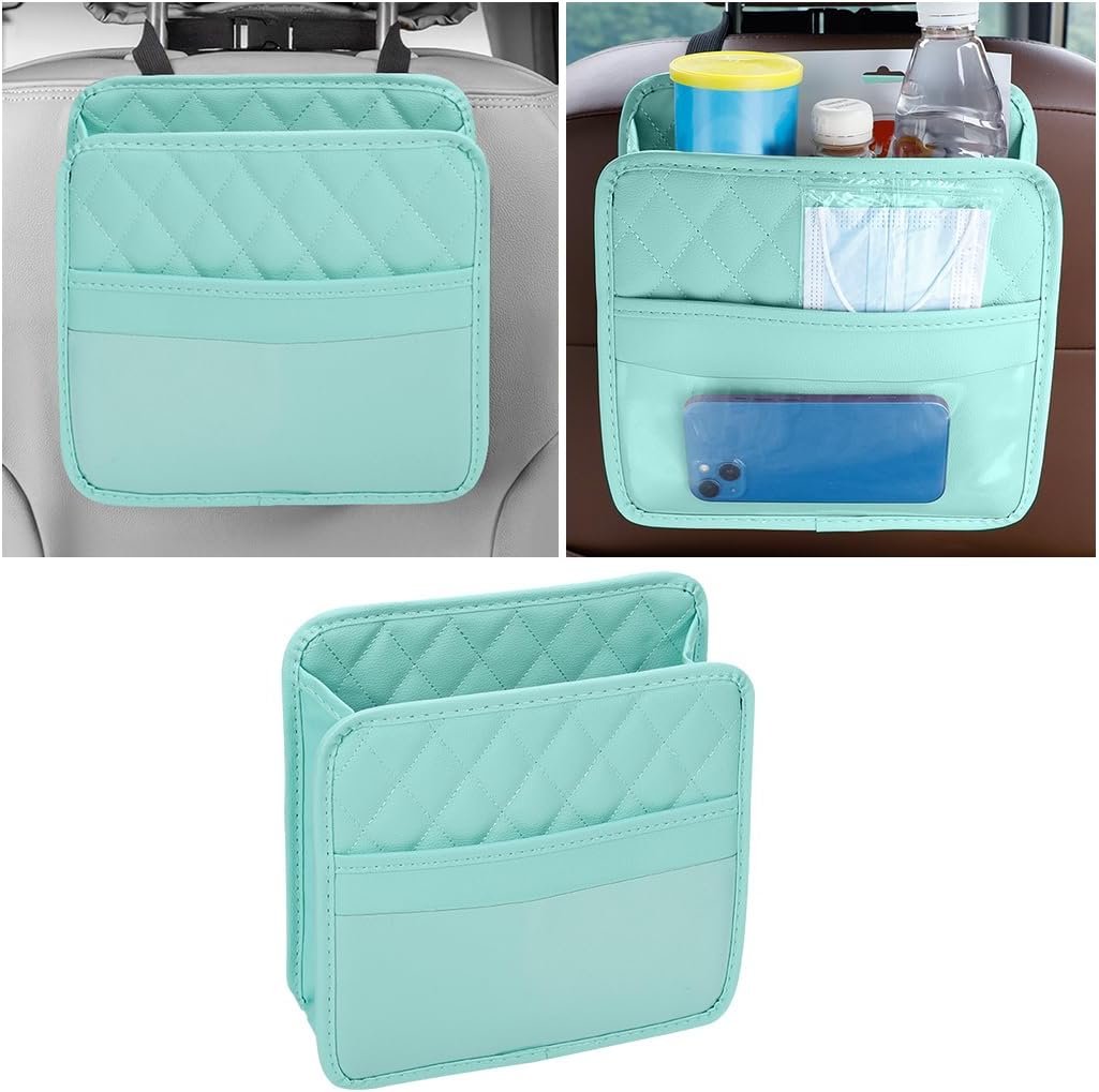Mandark PU Leather Car Seat Back Organizer, Green | Three-pocket layout with clear panel, elastic strap installation, fits most cars, SUVs, and trucks, car interior accessories