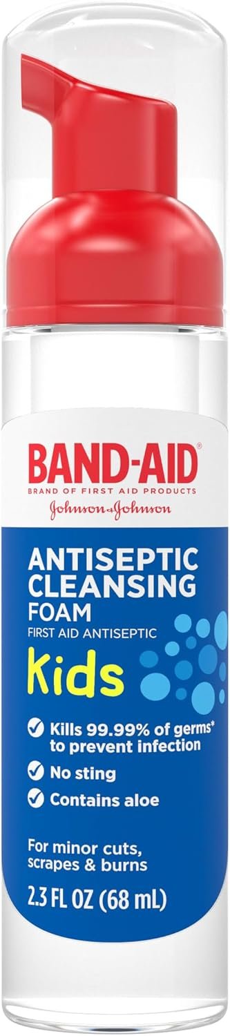 BAND-AID Brand Antiseptic Cleansing Foam for Kids, 2.3 Fl. Oz | Antimicrobial Foam with Aloe for First Aid & Infection Prevention, Sterile Wound Care of Kids’ Minor Cuts, Scrapes & Burns