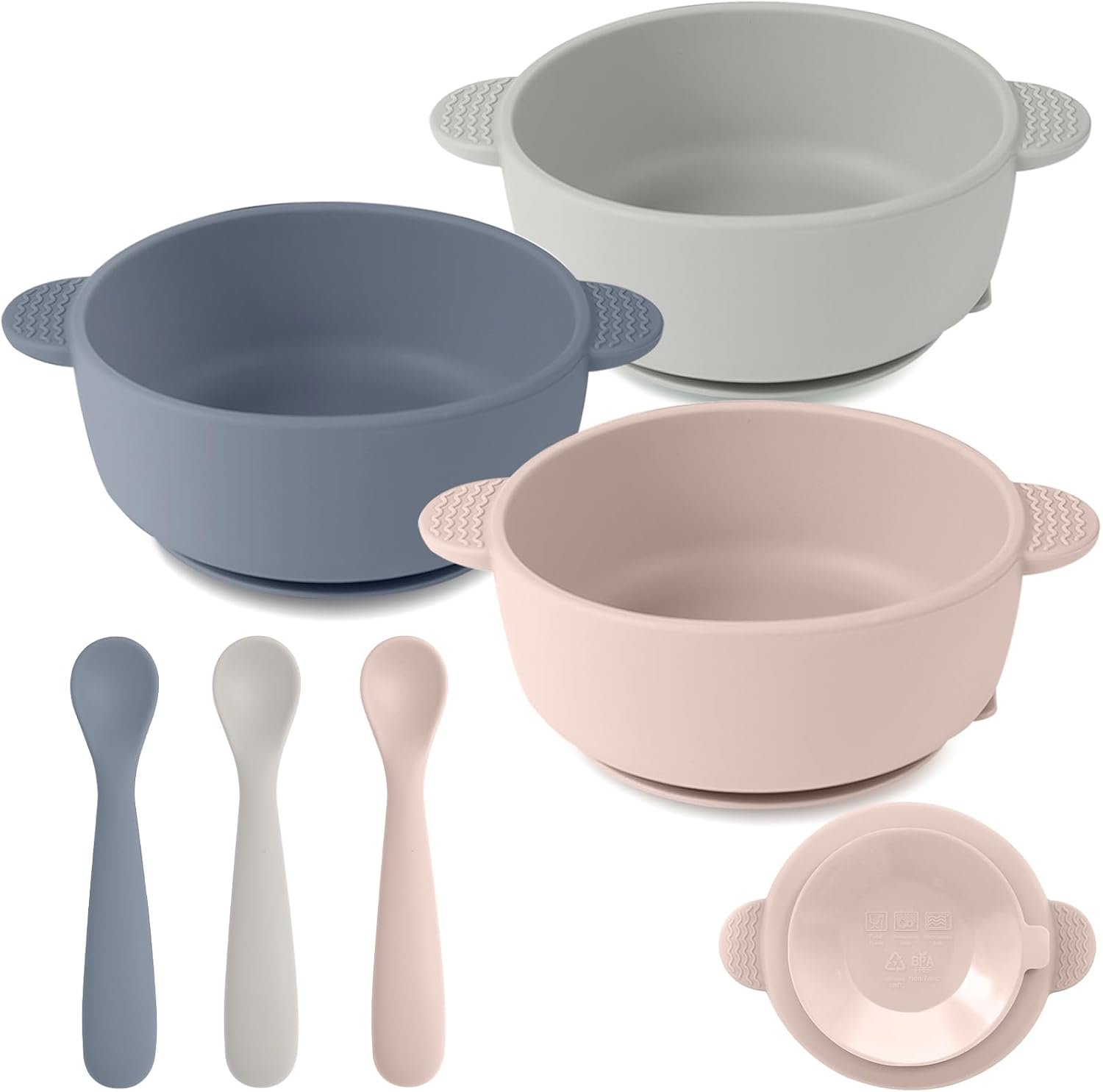 Eascrozn 3 Pack Baby Bowls with Suction and Baby Spoons, BPA Free | Silicone Baby Feeding Set, Baby Utensils Feeding Supplies for Babies Toddlers Kids, Microwave and Dishwasher Safe
