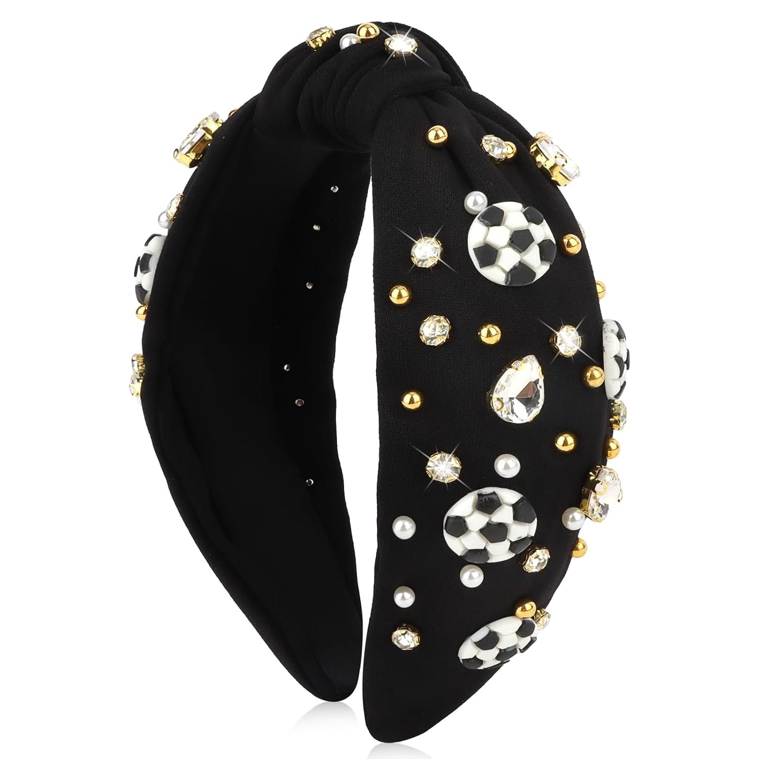 Soccer Headbands for Women Crystal Soccer Embellished Wide Top Knot Headband for Women Game Day Hair Accessories (Black)
