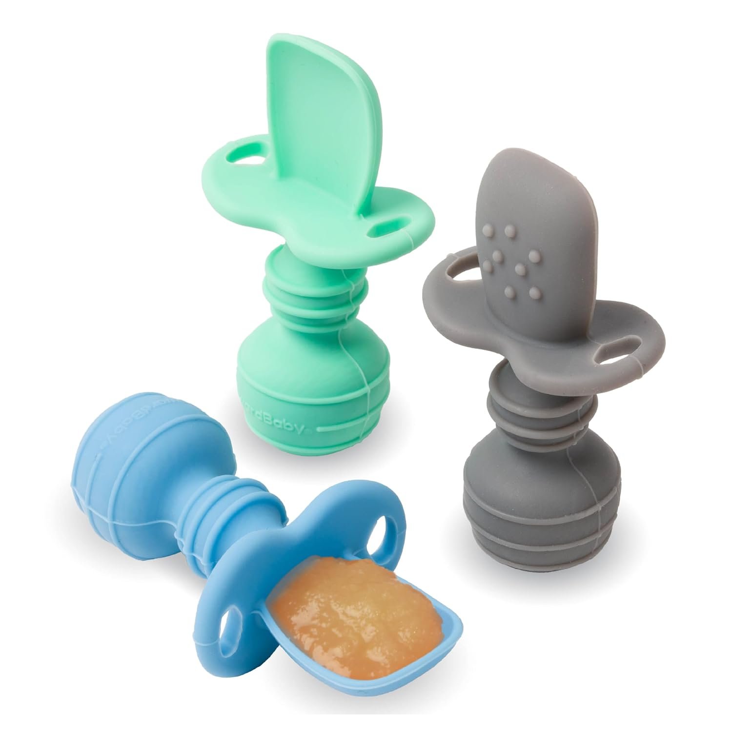 UpwardBaby Self-Feeding Spoon – Anti Choke Barrier – Silicone Baby Spoons Toddler Utensils for Home & Travel, Textured Tips Massage Gums & Baby-Led Weaning (Blue/Gray/Mint)