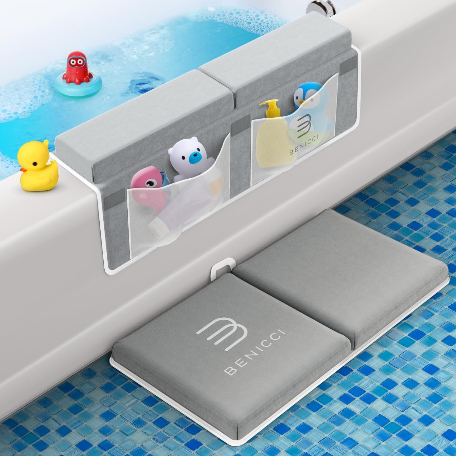 Benicci Comfortable Bath Kneeler and Elbow Kneeling Rest Pad for Baby Bathing Parents – Painless Foam Mat with Toy Organizer Pockets – Quick Drying, Foldable, Non-Slip for Baby and Toddler Bathing