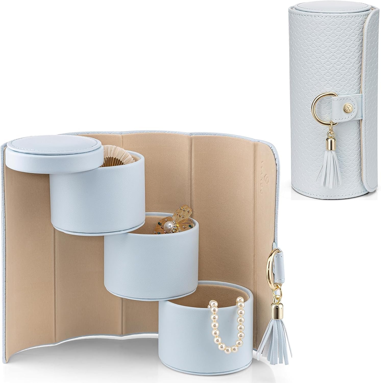 VLANDO Travel Jewelry Organizer, 3 Tier Roll Up Design, Hard Shell Storage