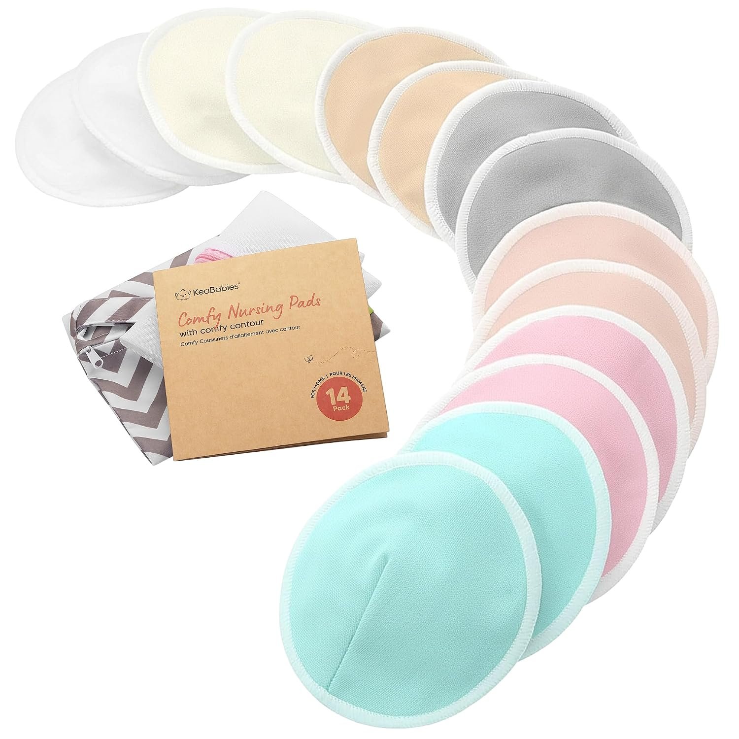 Organic Nursing Pads, 14 Washable Breast Pads,Wash Bag (Pastel Touch, L 5″)