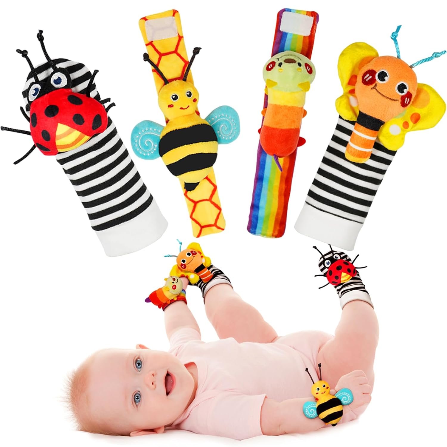 Infinno Wrist Rattles and Foot Finder Socks Set, Baby Toys for 0-12 Months