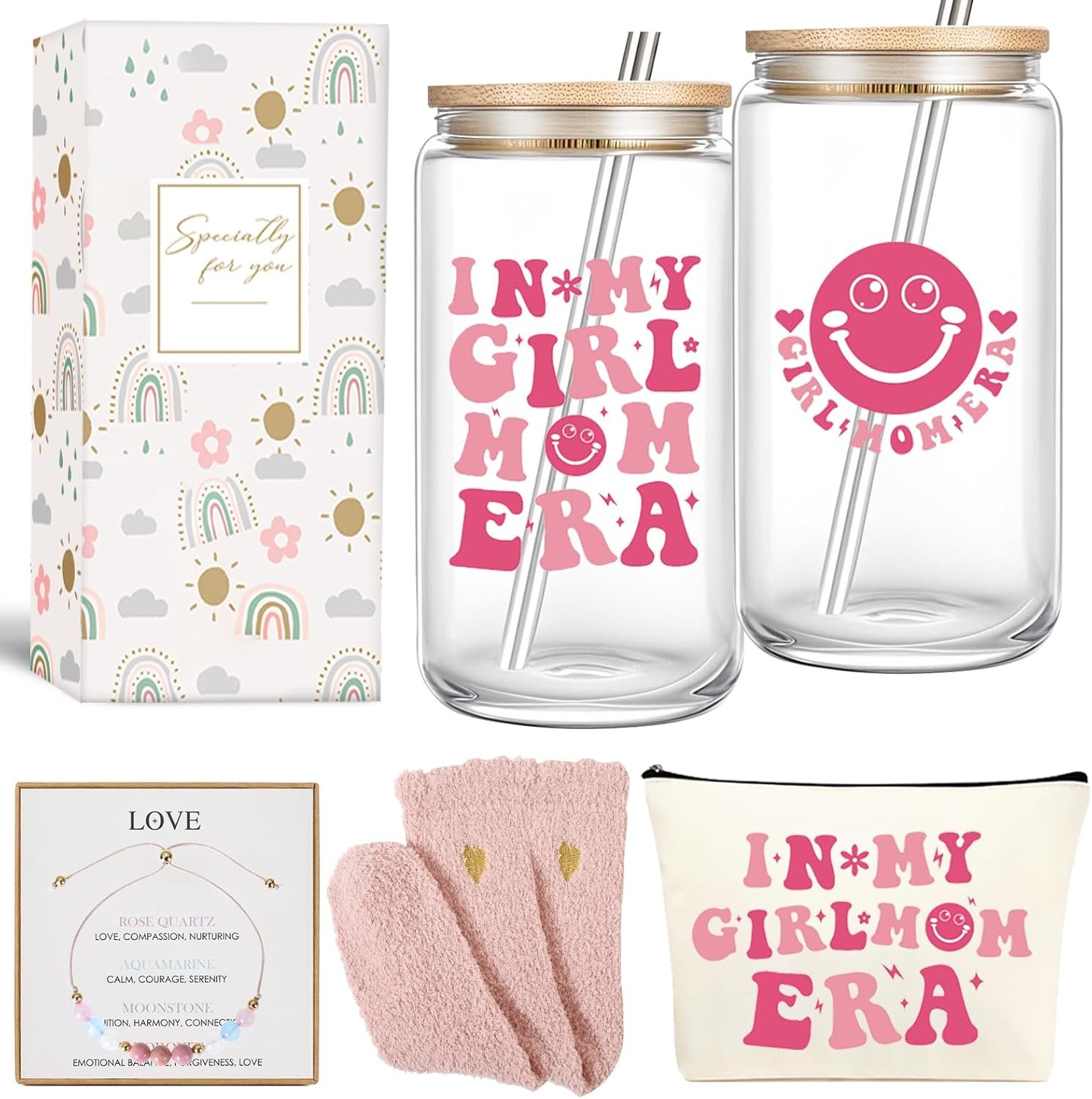 Girl Moms Gifts In My Girl Mom Era 16 oz Iced Coffee Glass with Lid and Straw First Mothers Day Gift for New Moms, Mother, Mama New Mom Gifts