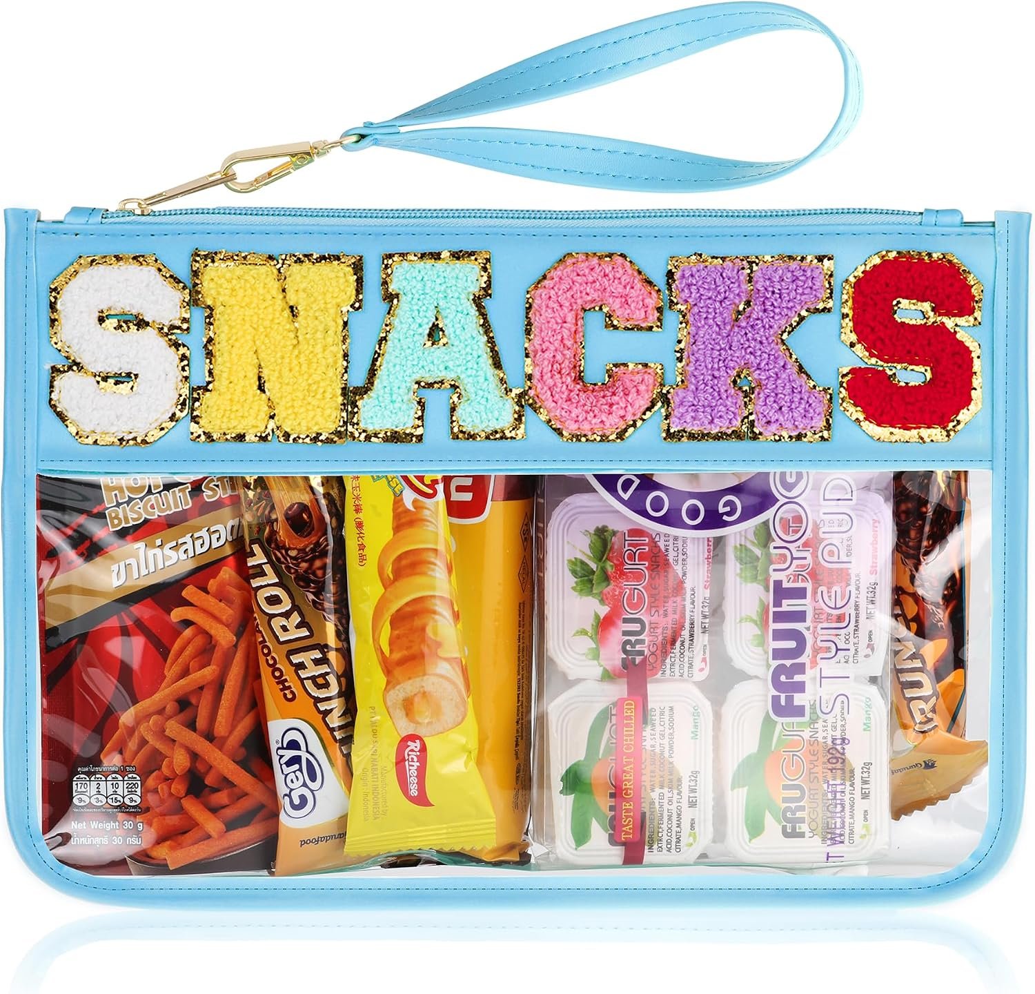 Snack Bag for Travel – Clear Chenille Varsity Letter Flat Pouch with Zipper, 12.2×8.46 inch Waterproof Clear Nylon Preppy Patch Makeup Cosmetic tote Bags for Women Girls