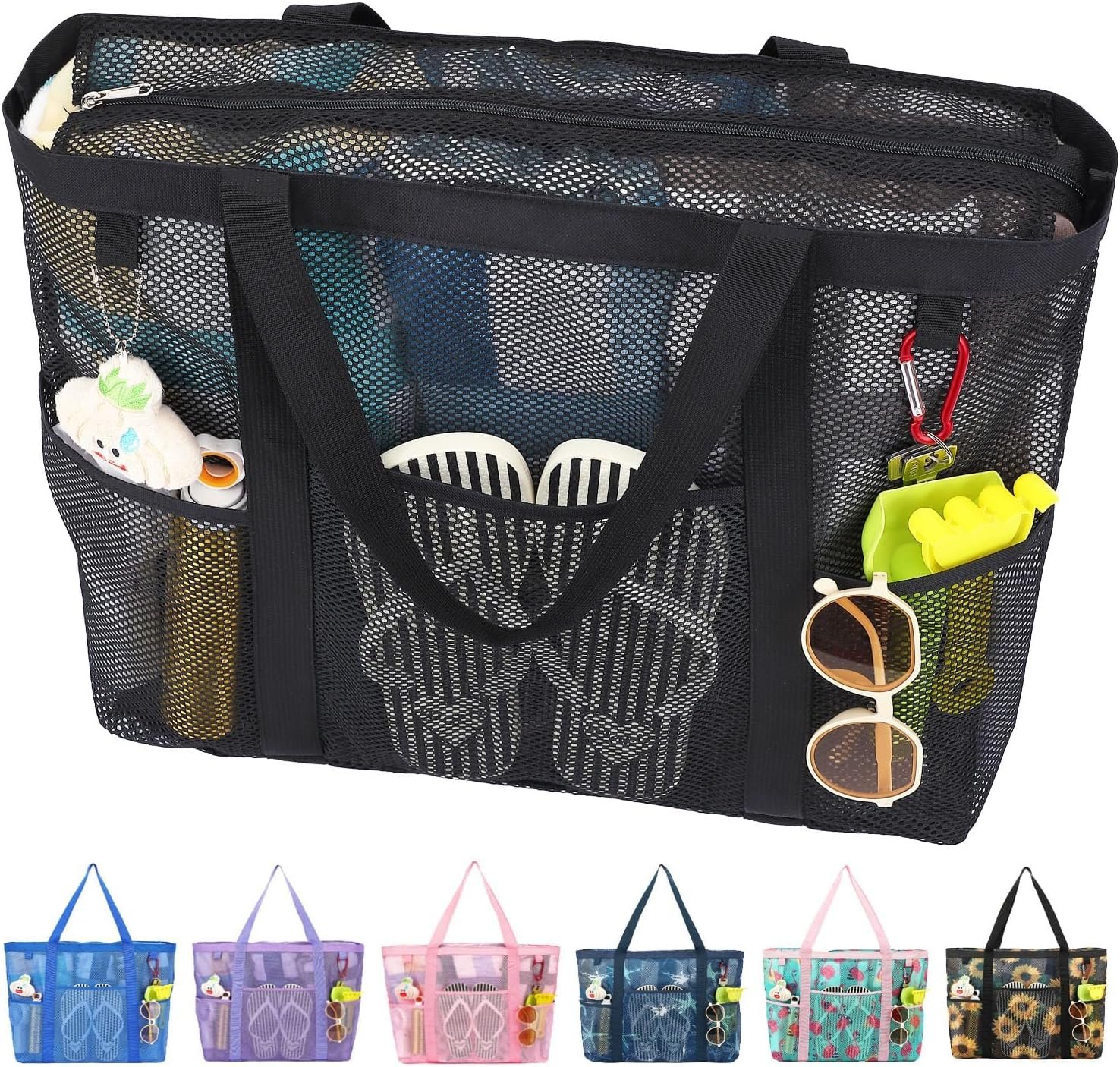 Fammart Mesh Beach Bag with Zipper for Women, Large Beach Tote Sandproof Toys Pool Swim Bag Travel Vacation Cruise Essentials