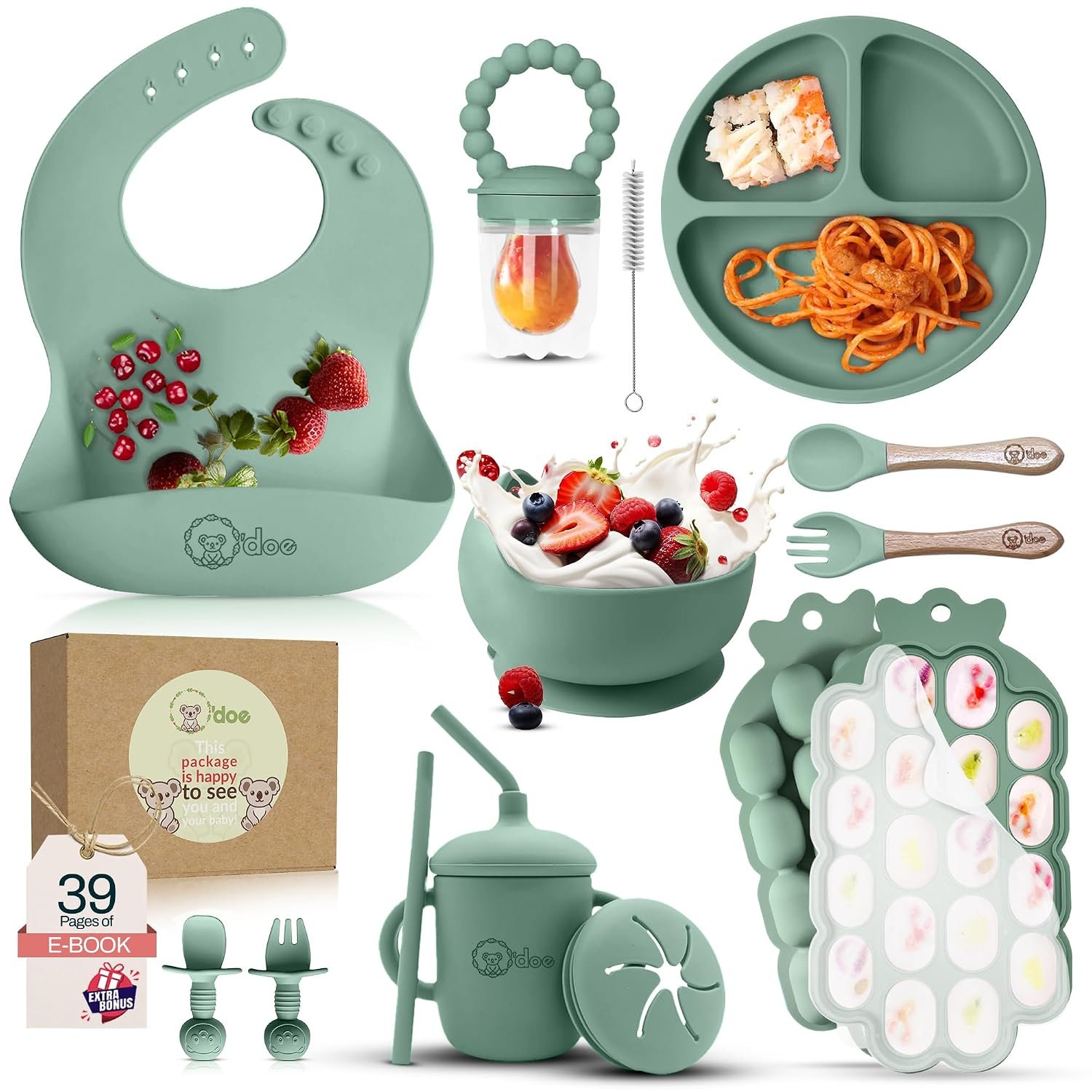 O’doe Baby Weaning Set – 15 Pcs Silicone Baby Feeding Set with Suction Plate, Bowl, Bib, Sippy Cup, Fruit Feeder & Freezer Tray – Baby Plates and Bowls Set for 3M+ | BPA-Free Baby Dishes & Utensils