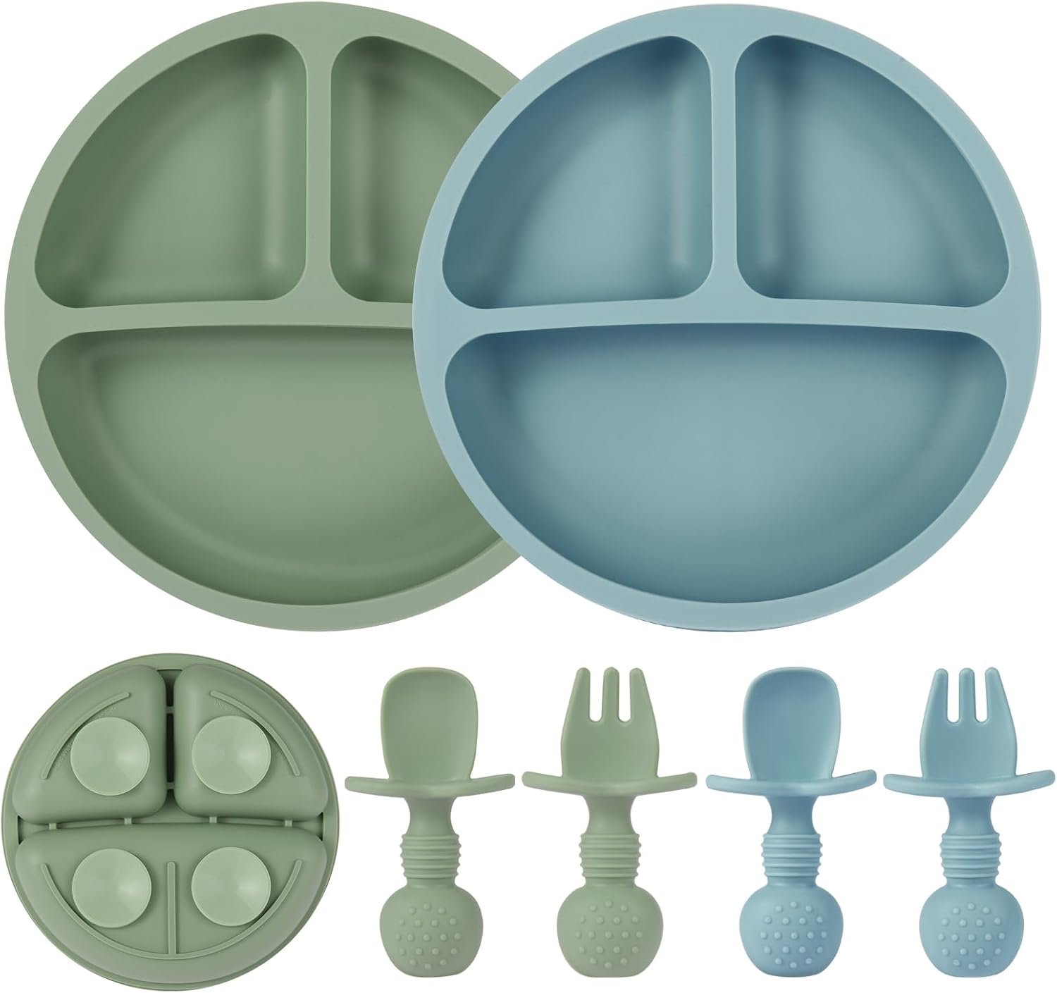 Eascrozn 2 Pack Baby Plates with Suction, Silicone Forks and Spoons Set