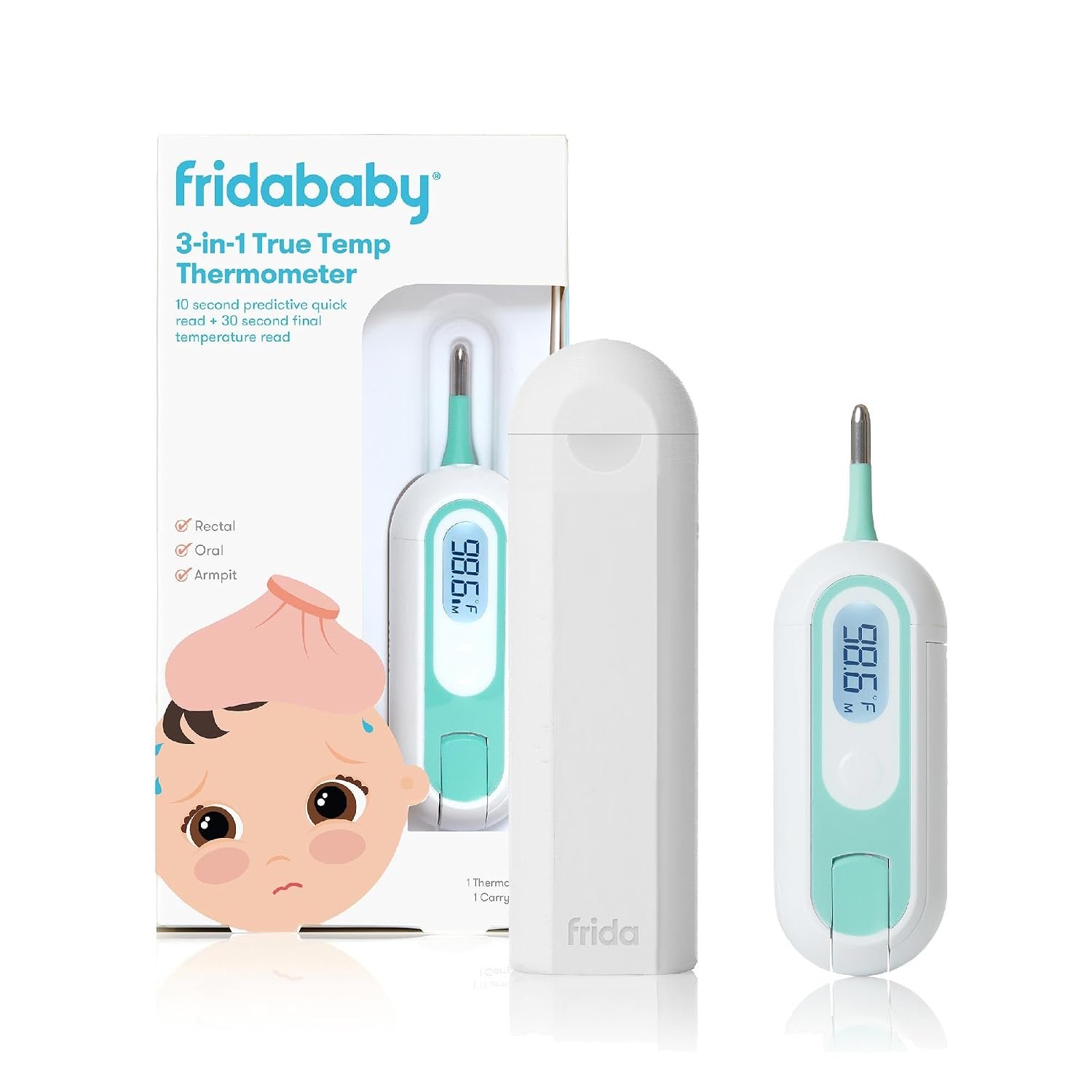 Frida Baby 3-in-1 Rectal, Underarm & Oral Thermometer for Kids, Digital Baby Thermometer for Infants, Toddlers, & Kids, Quick & Accurate Temperature Check, Includes Carrying Case for Storage