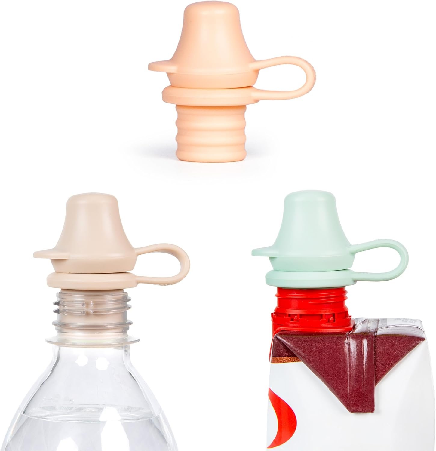 KiddiKap Original Bottle Topper, Silicone Sippy Spout, 3 Pack, Pastel